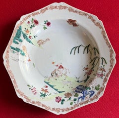 18th Century Chinese Export Porcelain Octagonal Plate with Boy Riding a Buffalo