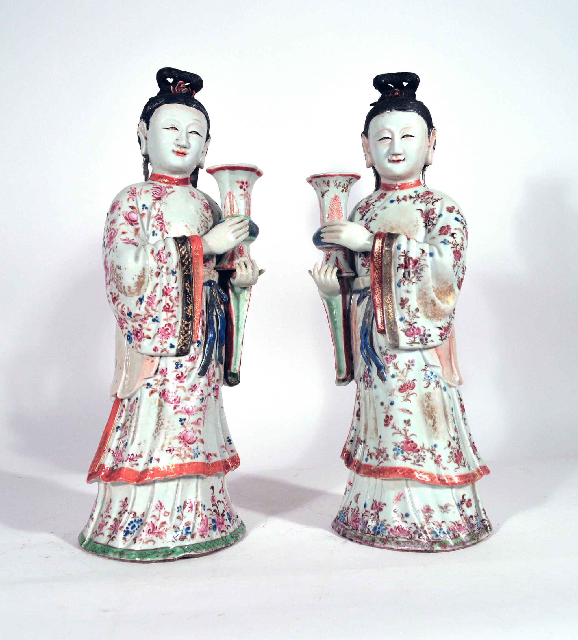 18th Century 18th-century Chinese Export Porcelain Pair of Court Maiden Candlesticks For Sale