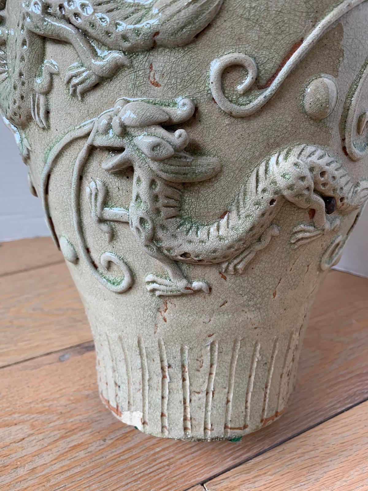 18th Century Chinese Glazed Possibly Qingbai Pottery Vase with Dragons For Sale 6