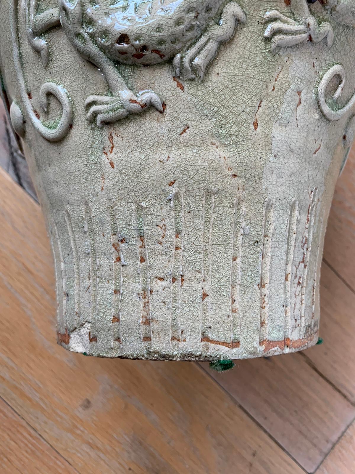 18th Century Chinese Glazed Possibly Qingbai Pottery Vase with Dragons For Sale 11