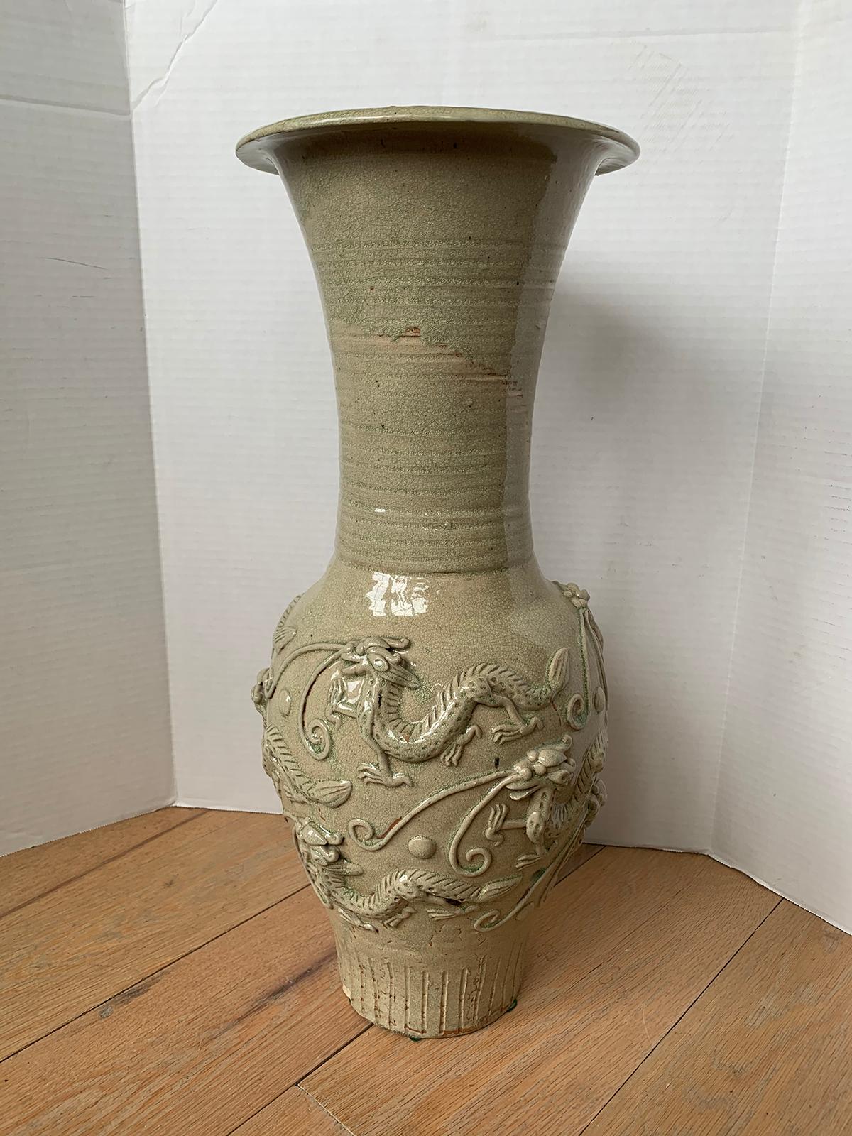 18th century or earlier Chinese glazed possibly Qingbai pottery vase with dragons, possibly hunping or funerary urn.