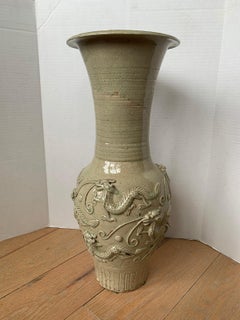 18th Century Chinese Glazed Possibly Qingbai Pottery Vase with Dragons