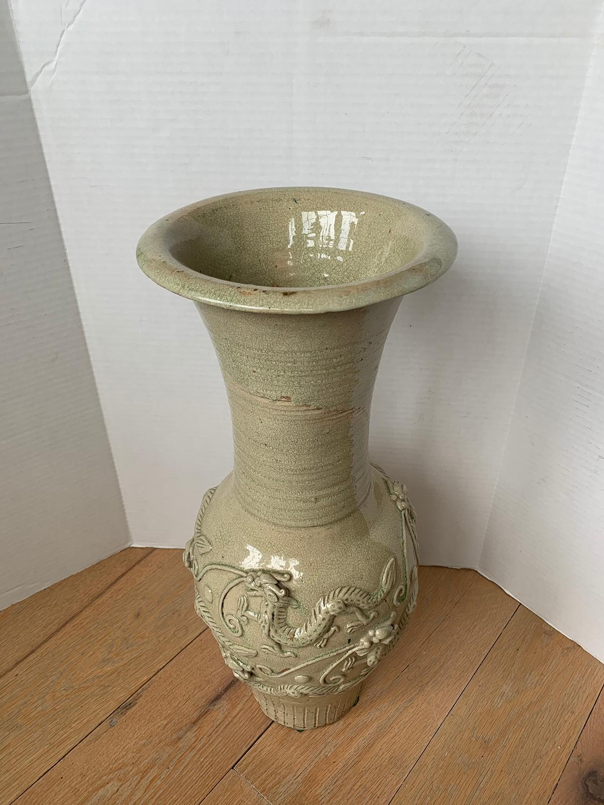 18th Century Chinese Glazed Possibly Qingbai Pottery Vase with Dragons In Good Condition For Sale In Atlanta, GA