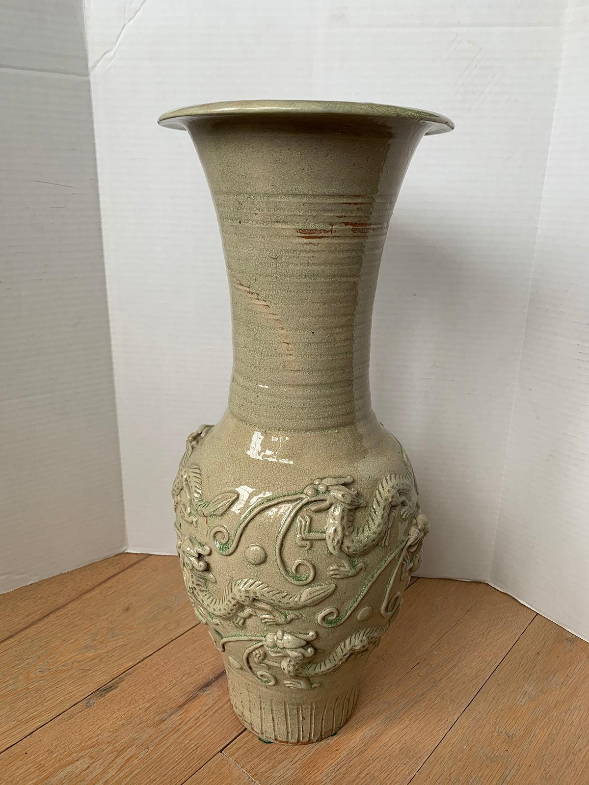 18th Century Chinese Glazed Possibly Qingbai Pottery Vase with Dragons For Sale 1