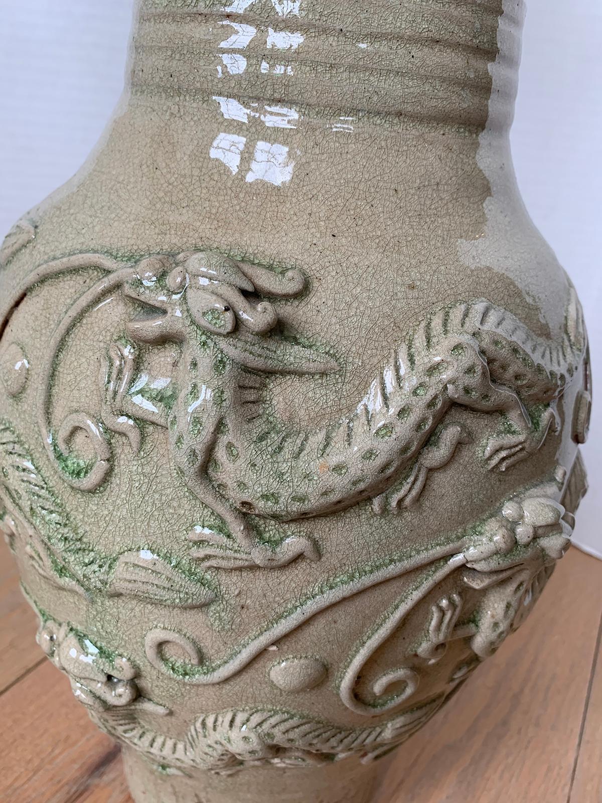 18th Century Chinese Glazed Possibly Qingbai Pottery Vase with Dragons For Sale 3