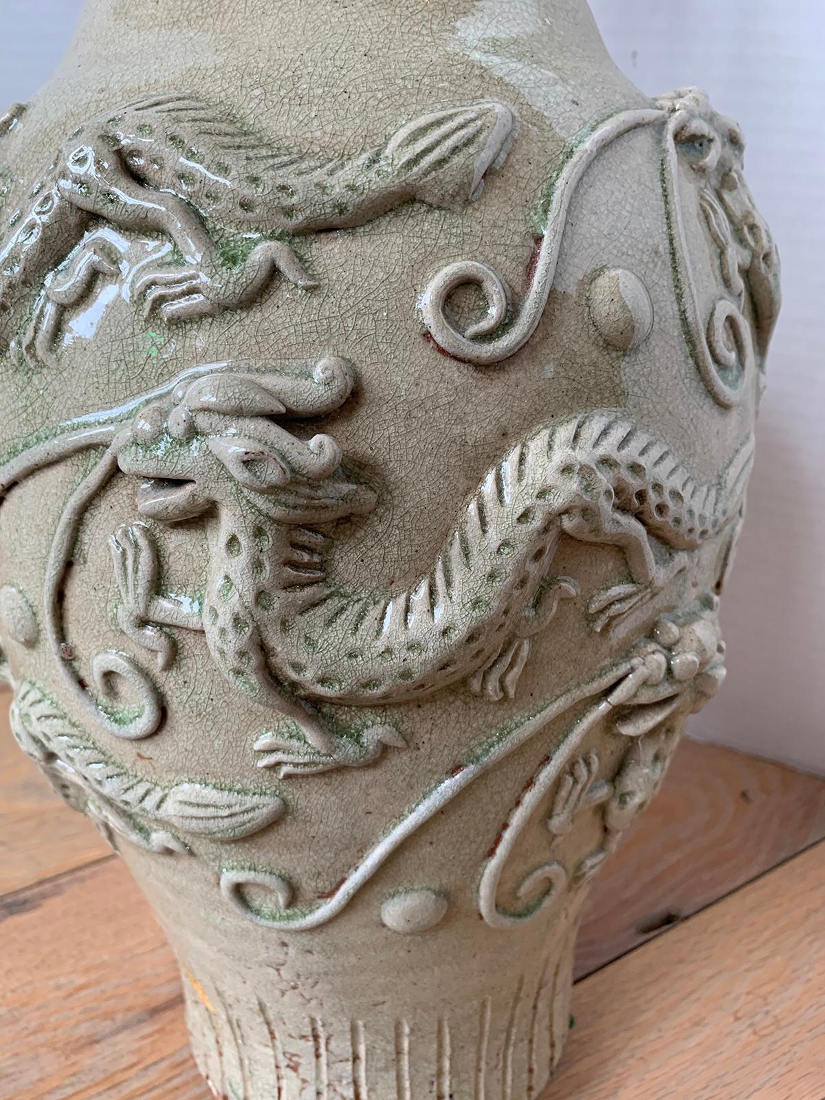18th Century Chinese Glazed Possibly Qingbai Pottery Vase with Dragons For Sale 4