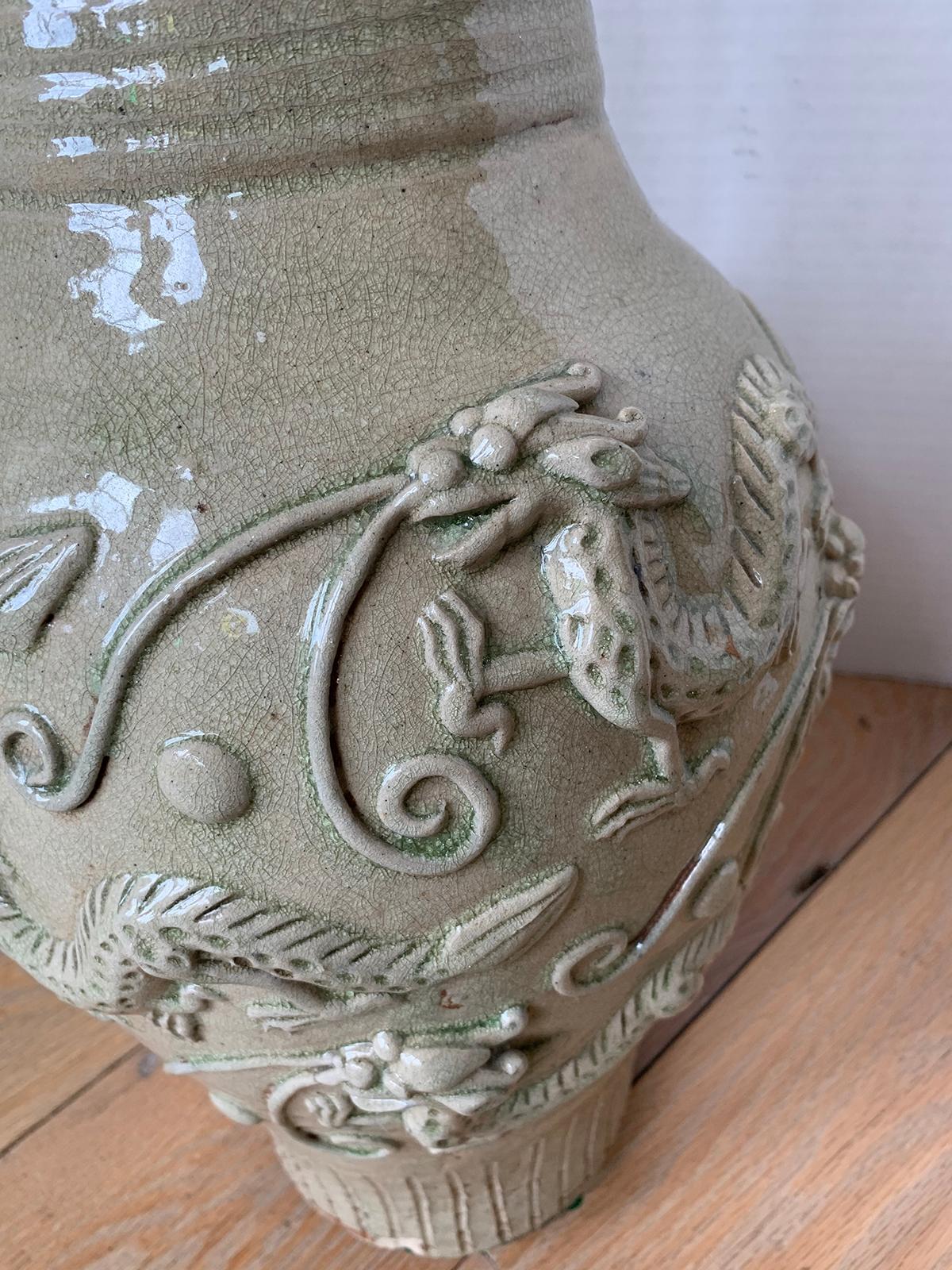 18th Century Chinese Glazed Possibly Qingbai Pottery Vase with Dragons For Sale 5