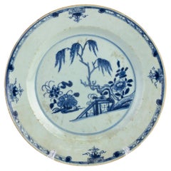 18th Century Chinese Hand Painted Blossom Garden Blue & White Porcelain Plate