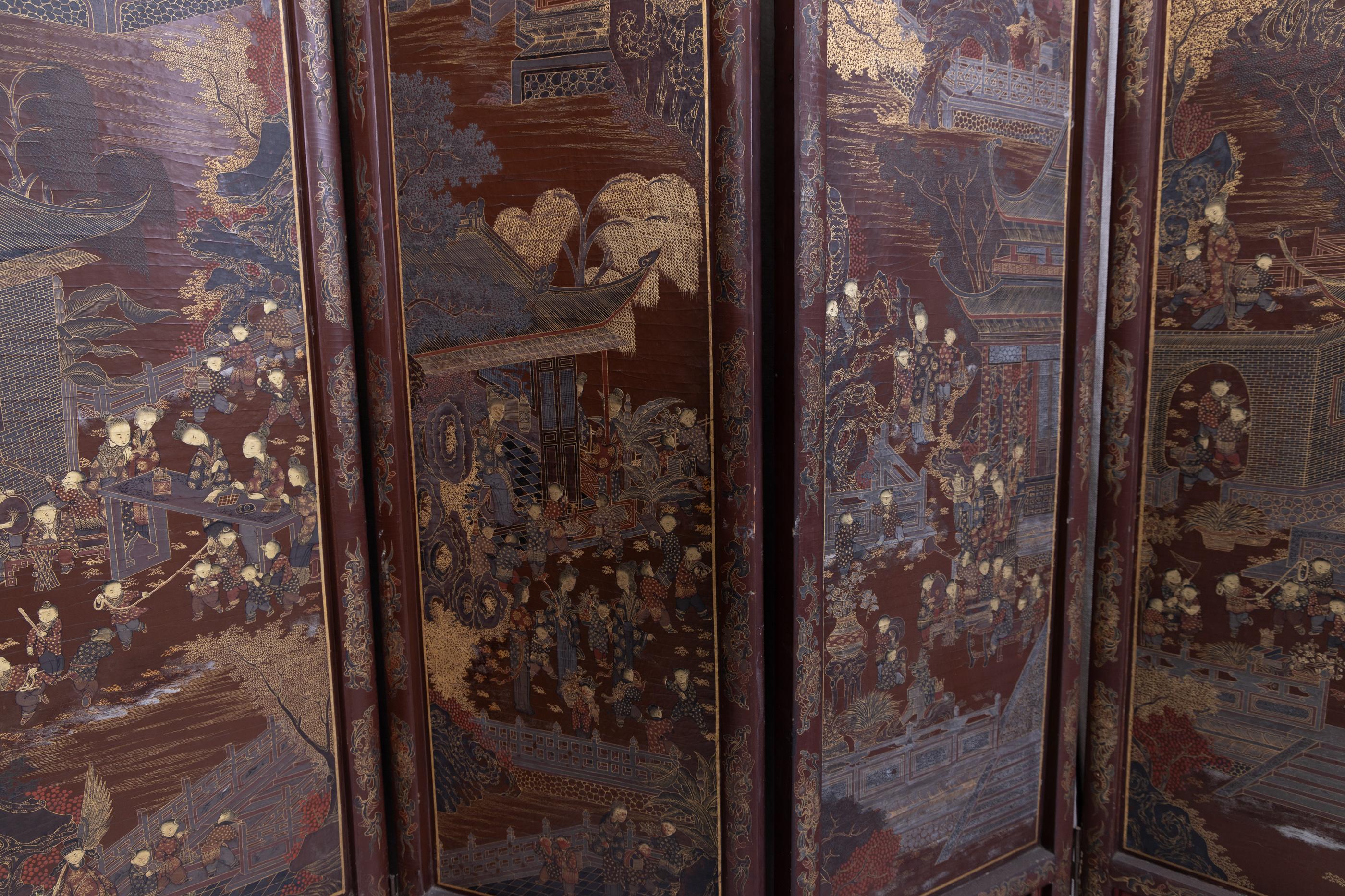 18. Jahrhundert Chinesisch Stark detaillierte 8-Panel Coromandel Bildschirm im Angebot 7
