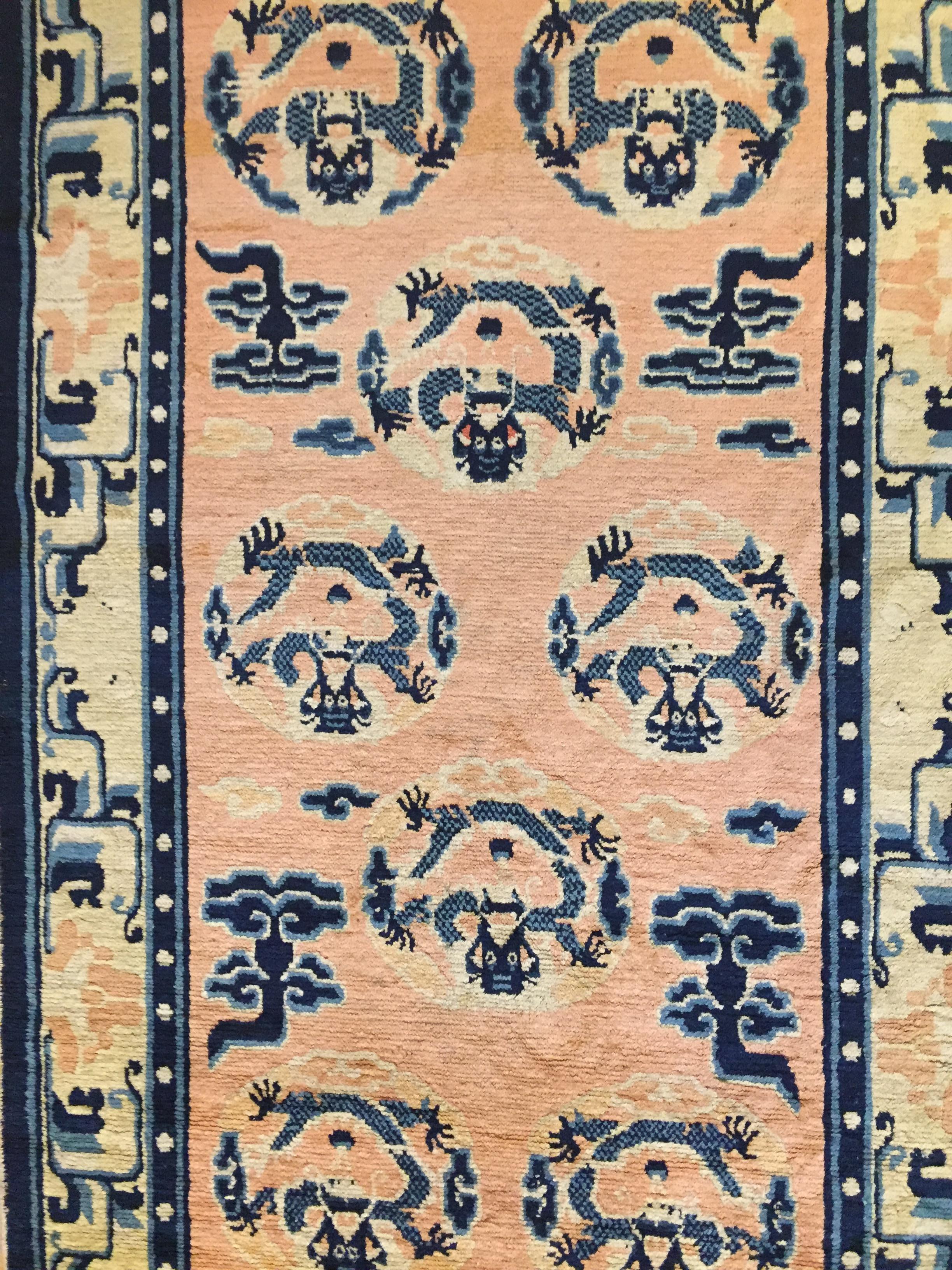 Chinoiserie 18th Century Chinese Imperial Ningxia Rug Eight Dragons Lotus Flower Pink Yellow