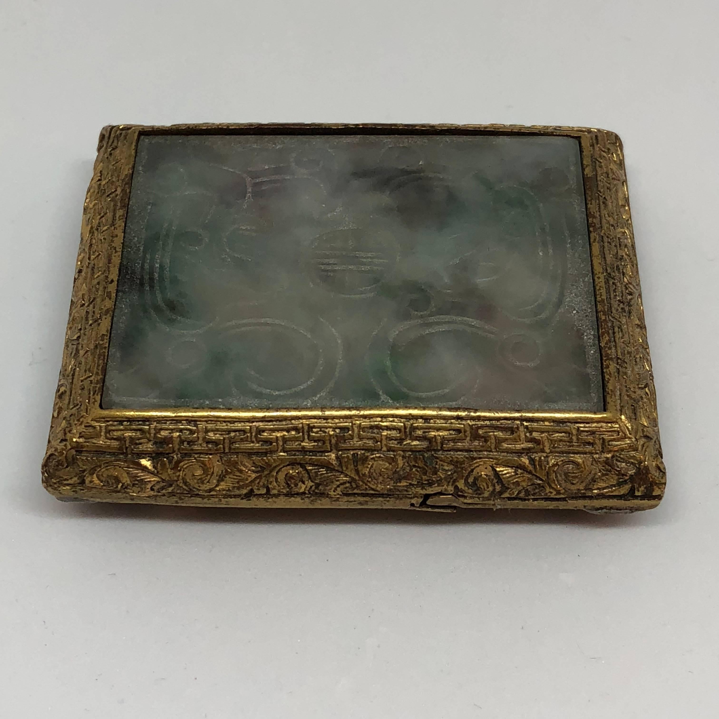 Chinese Early 20th Century Jade and Fire Gilded Bronze Belt Buckle For Sale