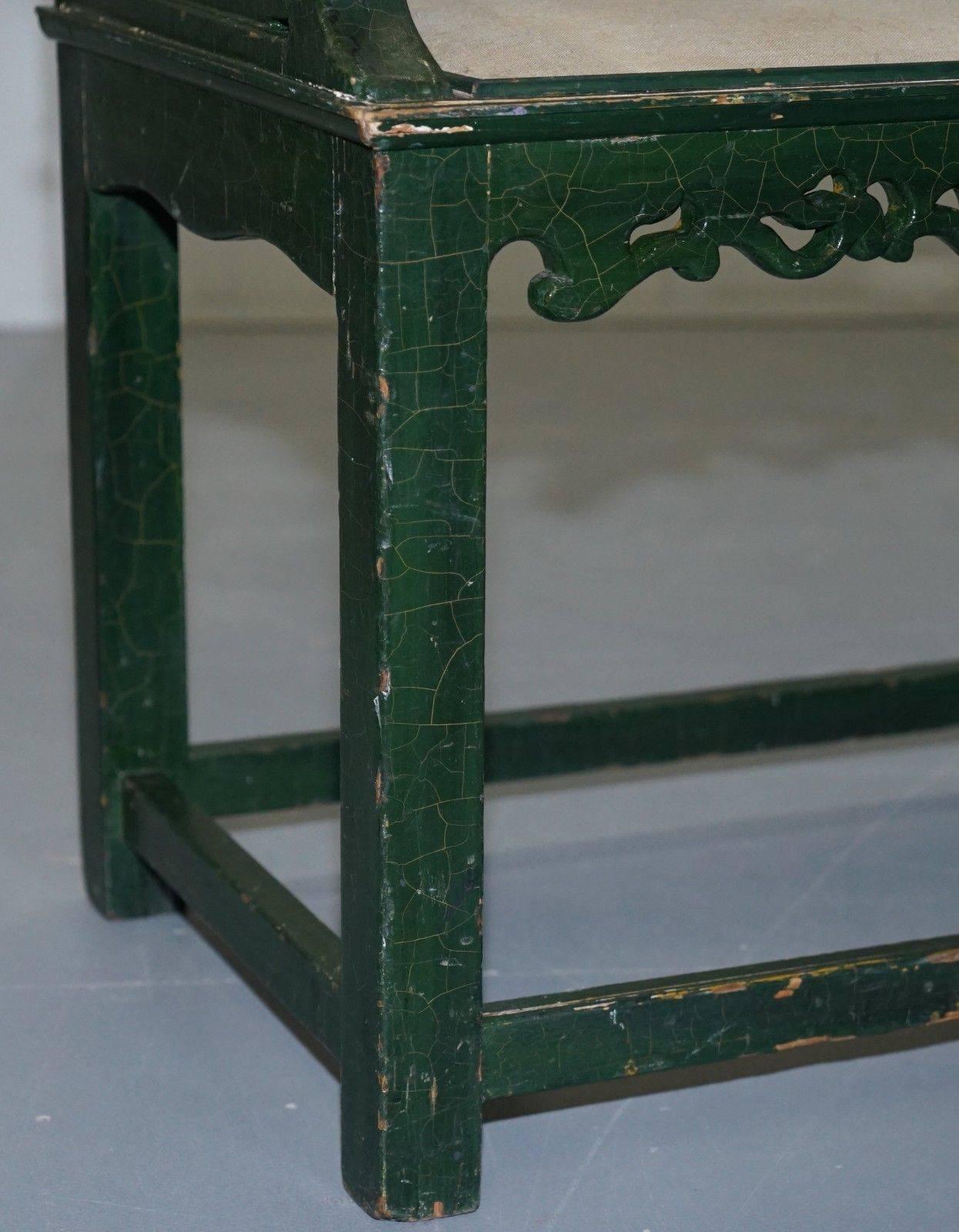 18th Century Chinese Jade Green Painted Chair with Original Distressed Paint 5