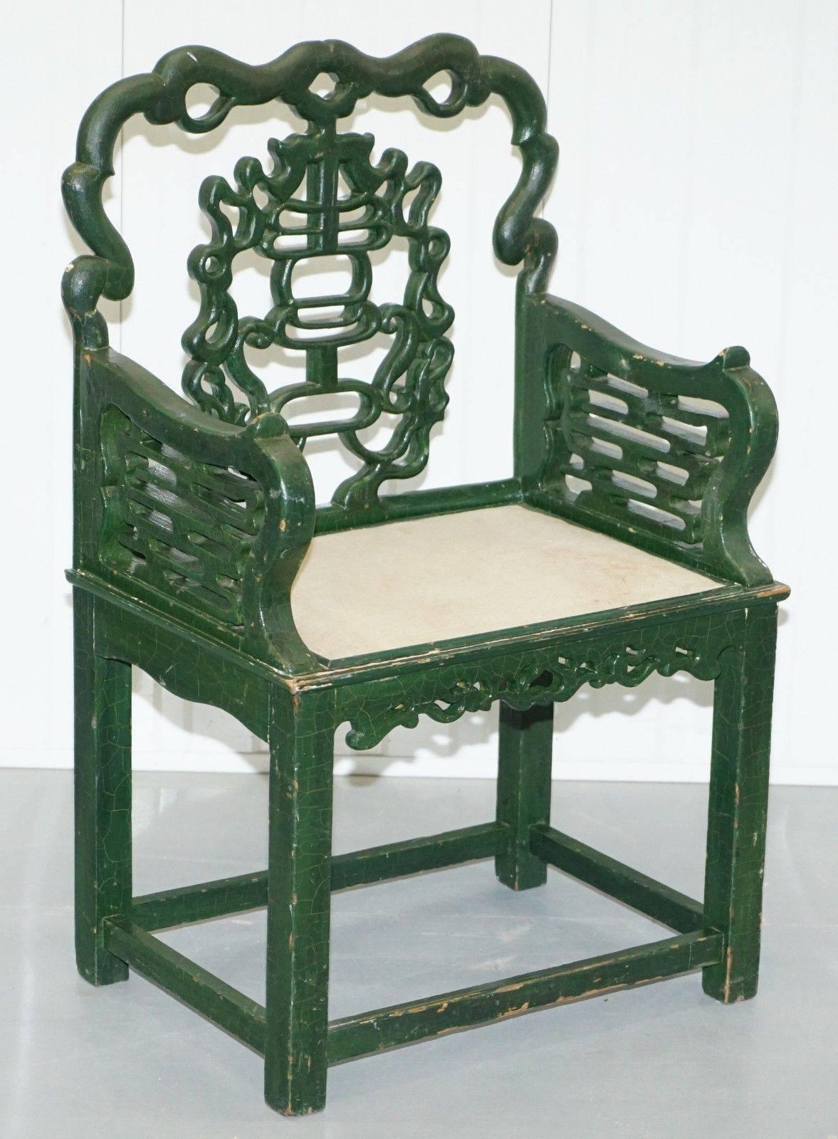 18th Century Chinese Jade Green Painted Chair with Original Distressed Paint 6