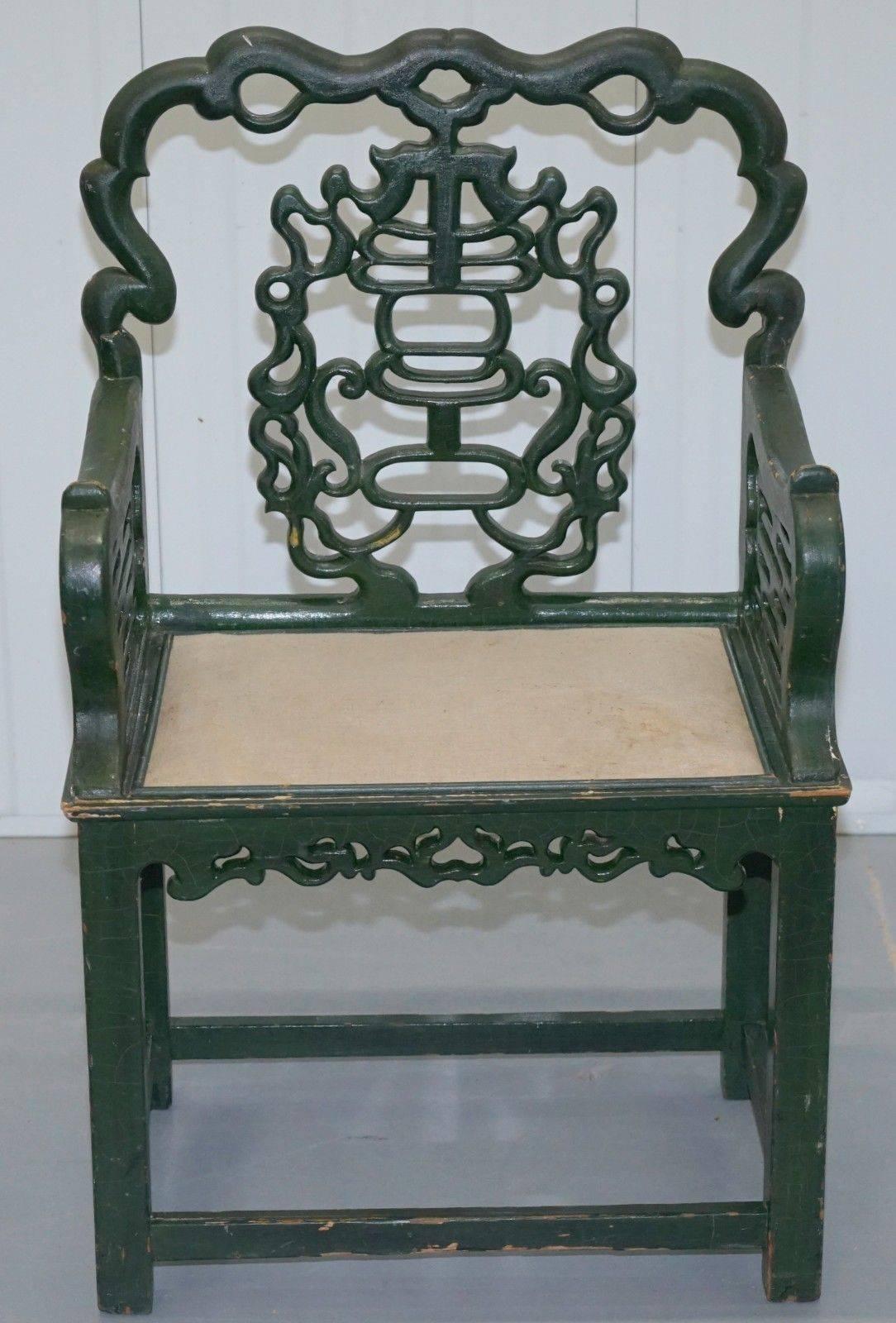 We are delighted to offer for sale this rare hand-painted Jade green 18th century chair

A very rare find, very old with old repairs and original distressed paintwork, it was sold to me as late 18th century, I’m unsure on the exact age but it is