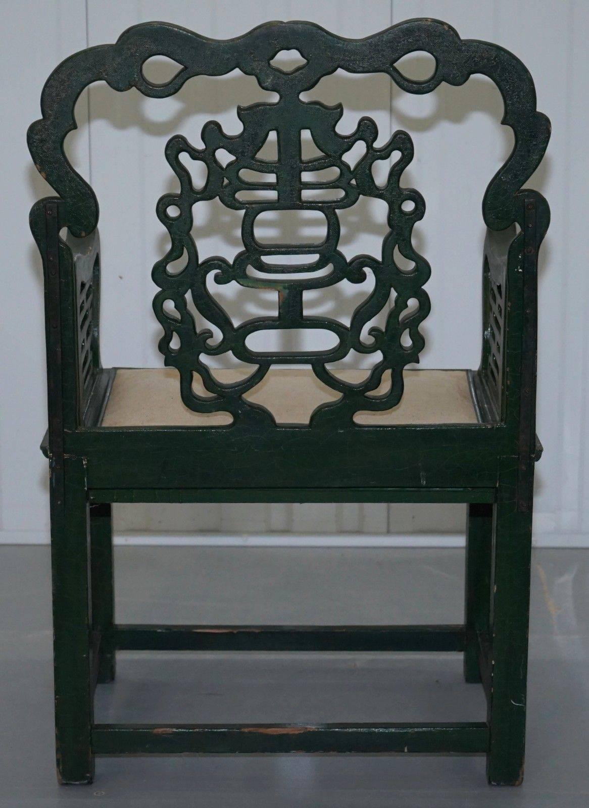 18th Century Chinese Jade Green Painted Chair with Original Distressed Paint 1