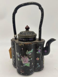 18th Century Chinese Lacquer Mother of Pearl Inlay Pewter Teapot