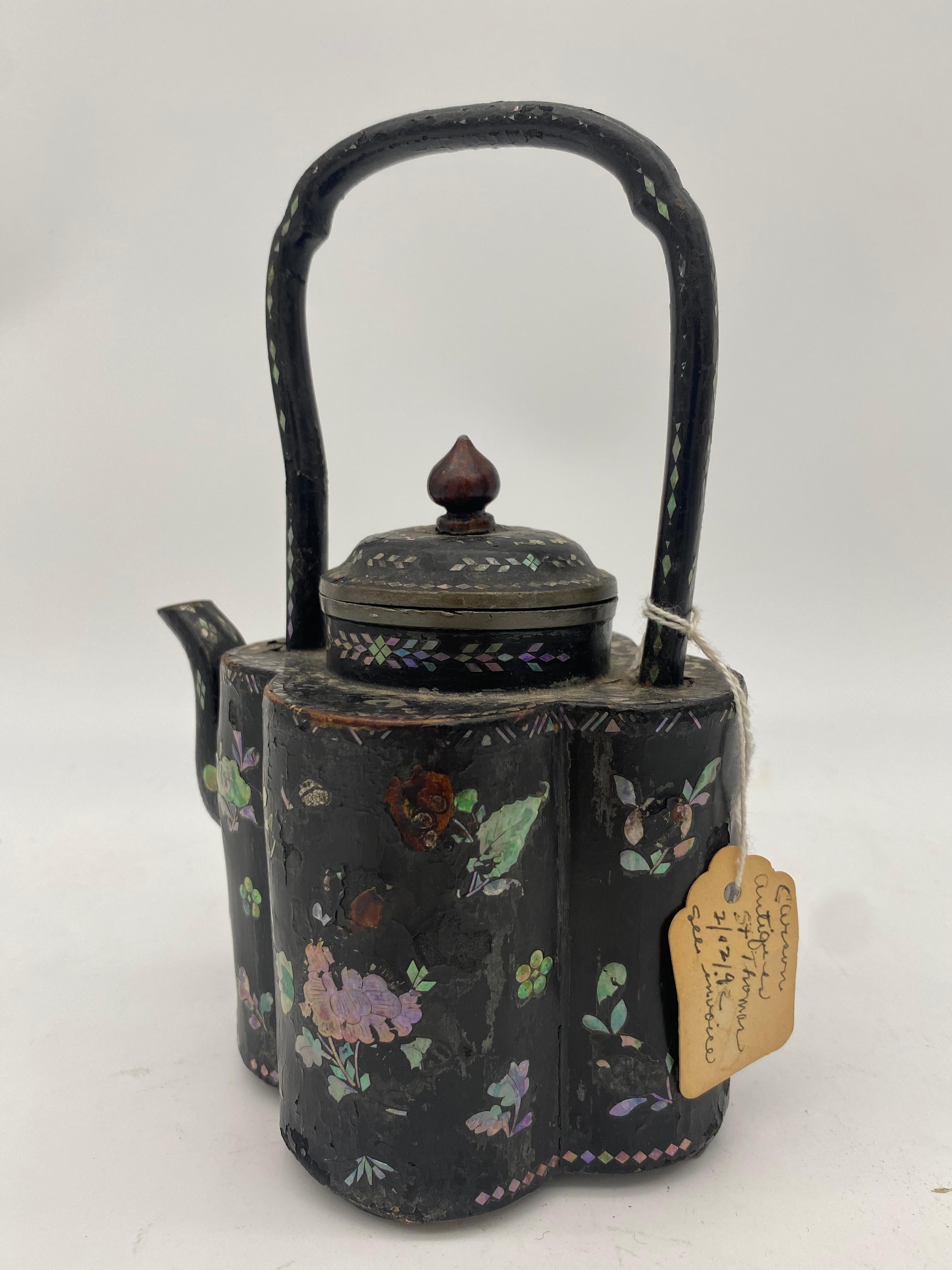 Chinoiserie 18th Century Chinese Lacquer Mother of Pearl Inlay Pewter Teapot For Sale