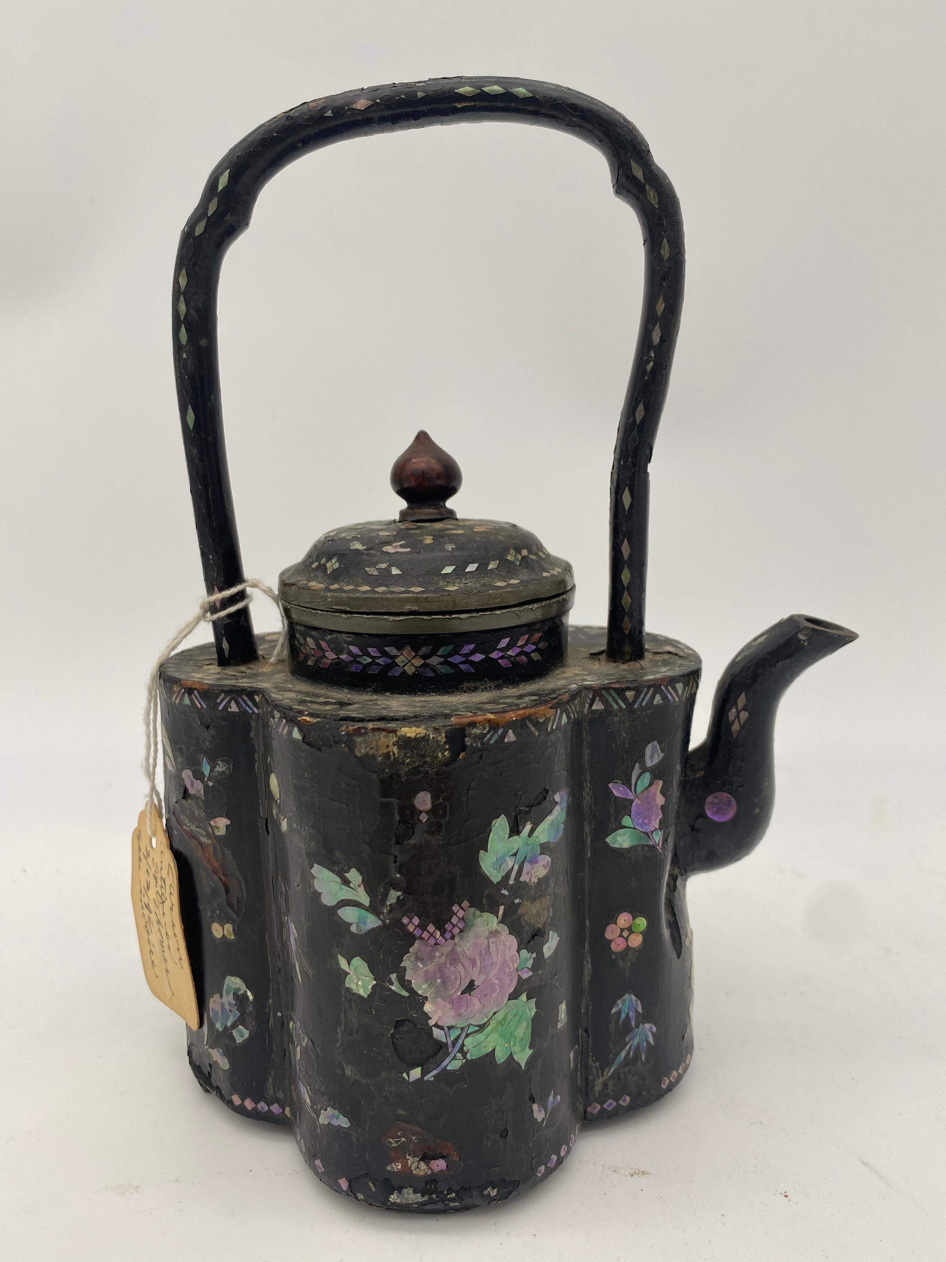 Mother-of-Pearl 18th Century Chinese Lacquer Mother of Pearl Inlay Pewter Teapot For Sale