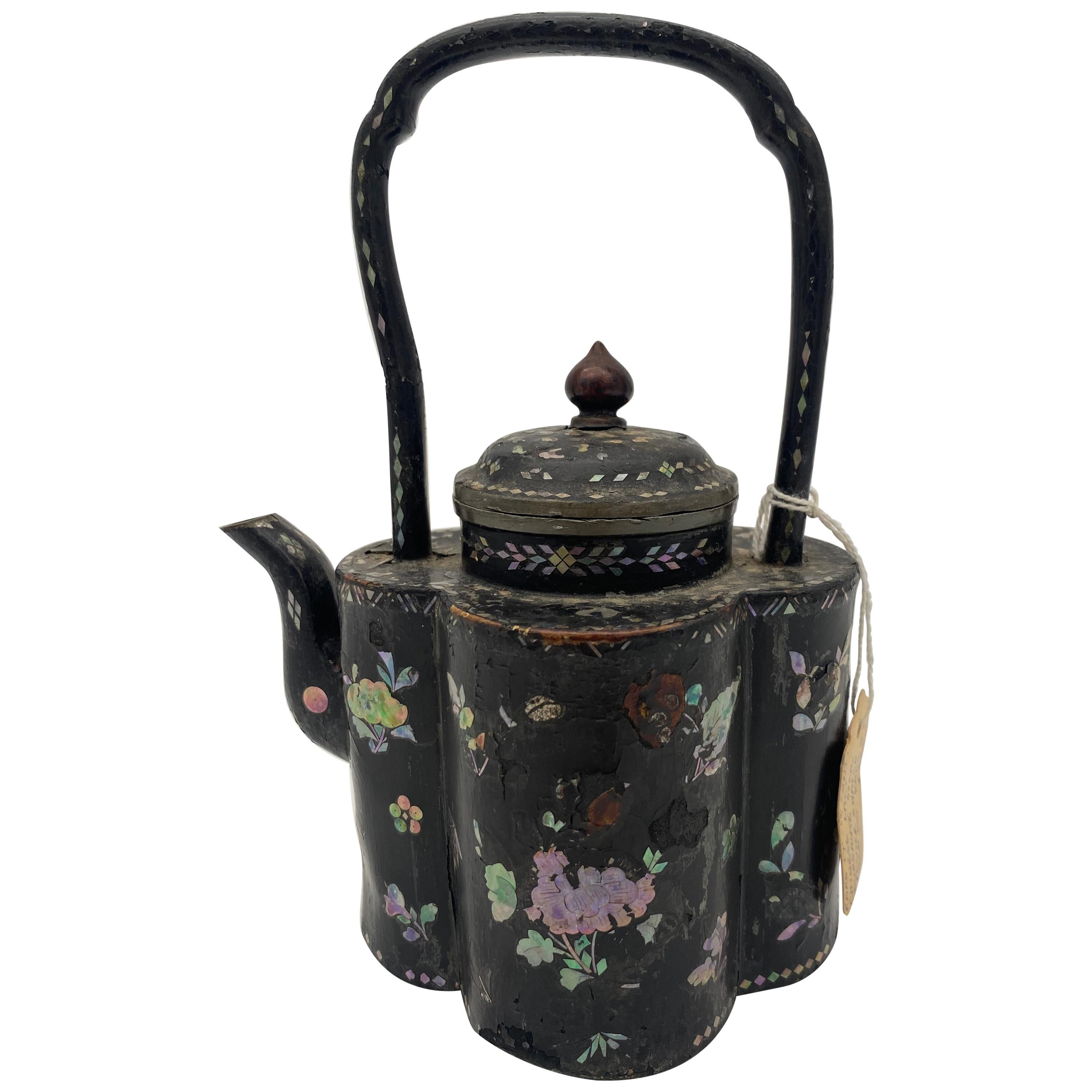 18th Century Chinese Lacquer Mother of Pearl Inlay Pewter Teapot