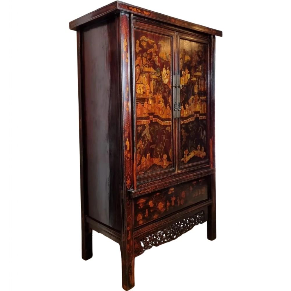 A truly Beautiful 18th century Chinese 2 door lacquered cabinet with intricately carved apron , dating to the Mid-Qing Dynasty . 

This magnificent cabinet is embellished with gilding and breathtaking hand-painted scenes expertly captured on the