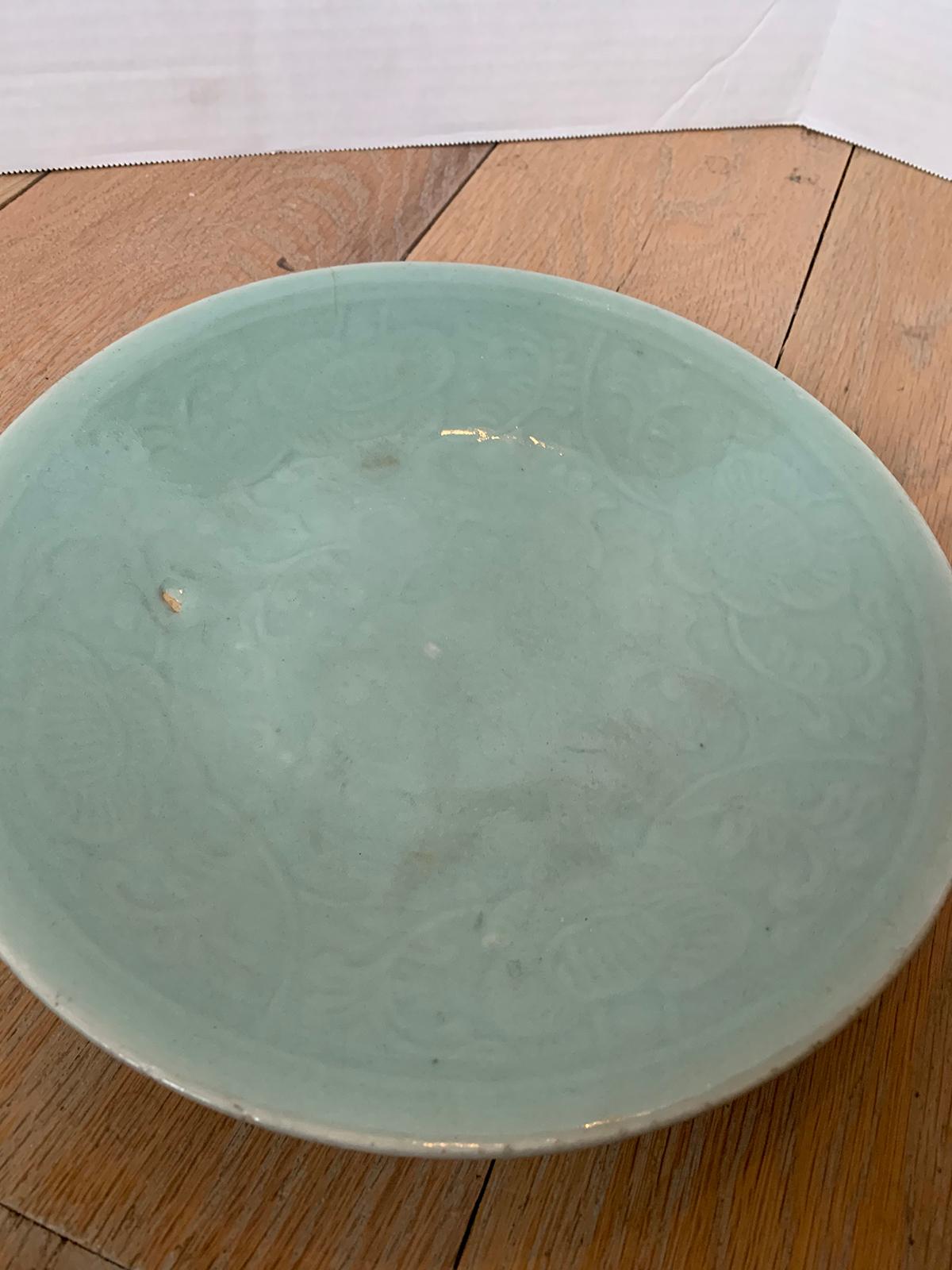 18th Century Chinese Porcelain Celadon Dish with Faint Floral Design, Unmarked For Sale 2