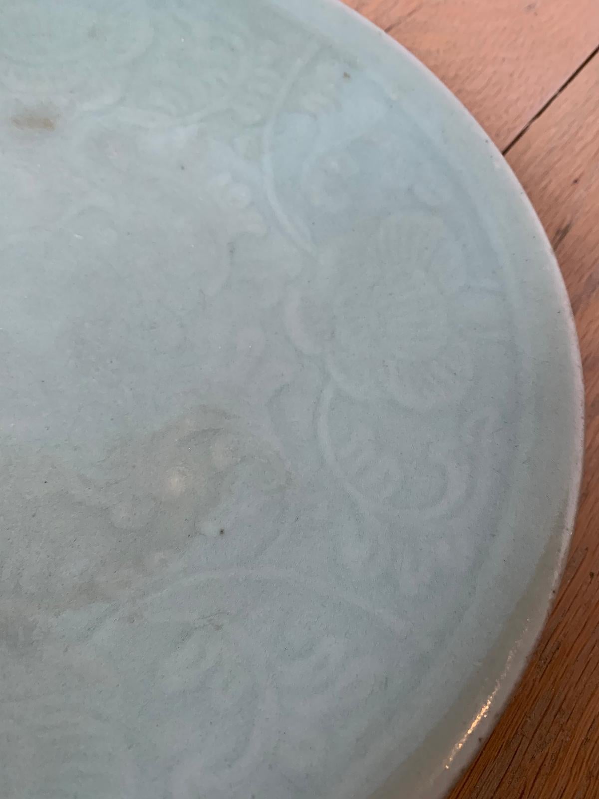 18th Century Chinese Porcelain Celadon Dish with Faint Floral Design, Unmarked For Sale 3