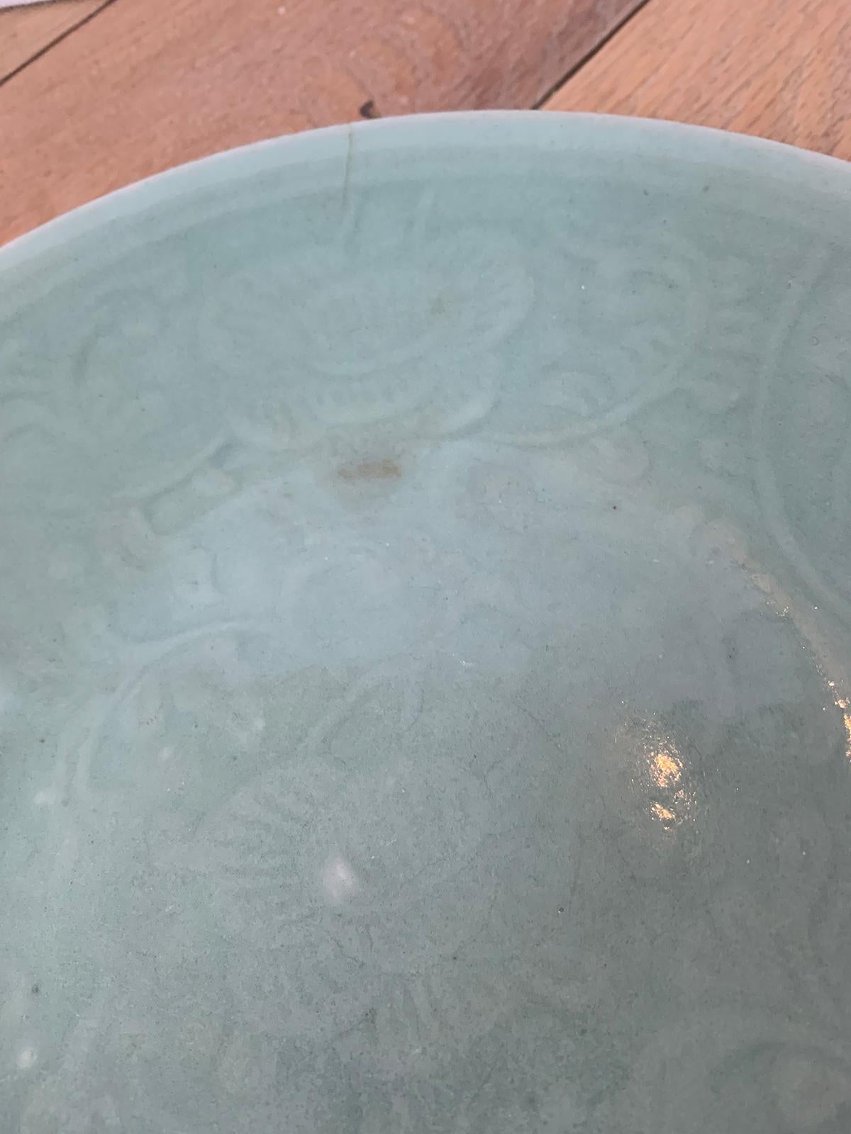18th Century Chinese Porcelain Celadon Dish with Faint Floral Design, Unmarked For Sale 4