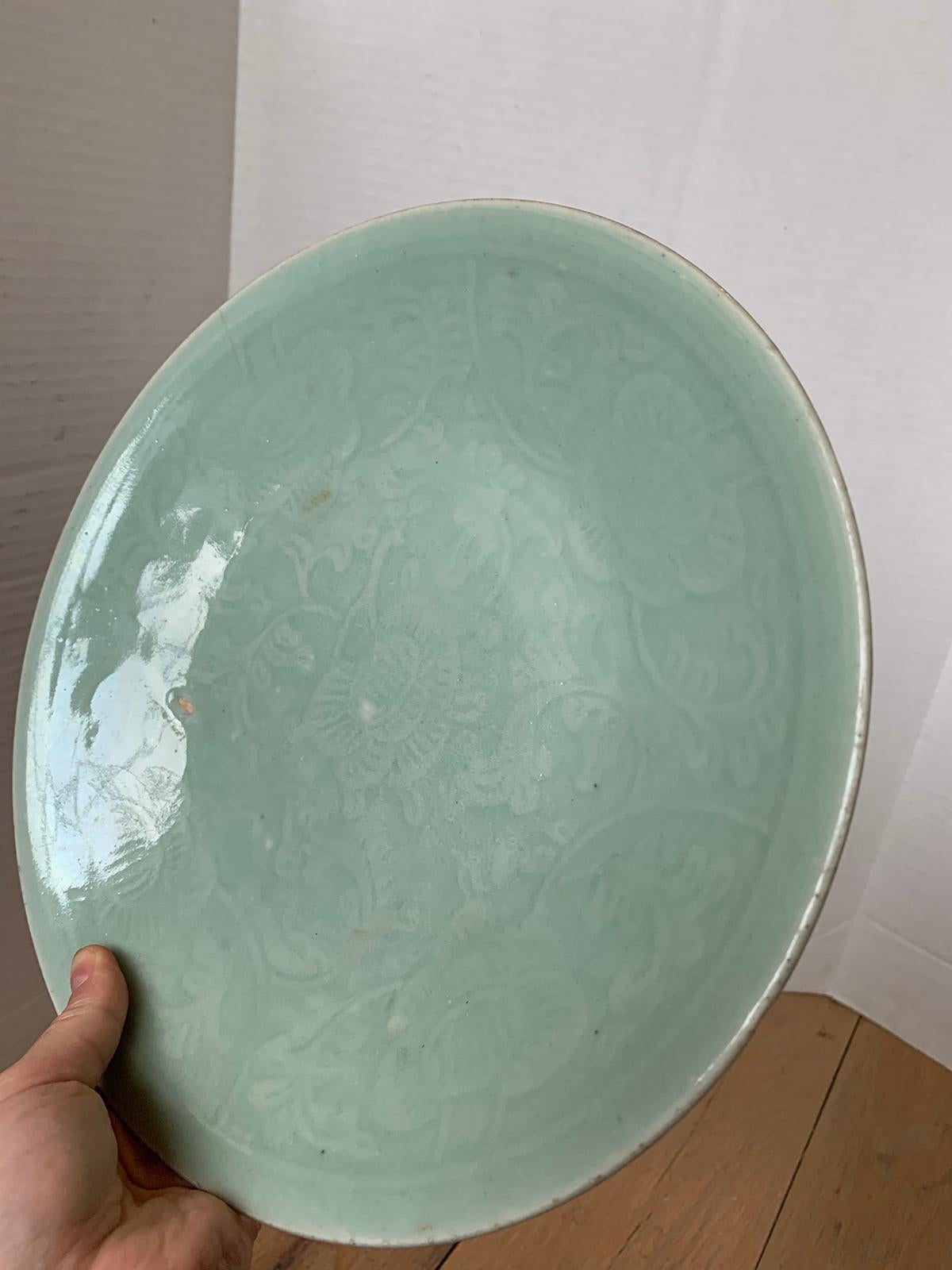 18th Century Chinese Porcelain Celadon Dish with Faint Floral Design, Unmarked For Sale 5