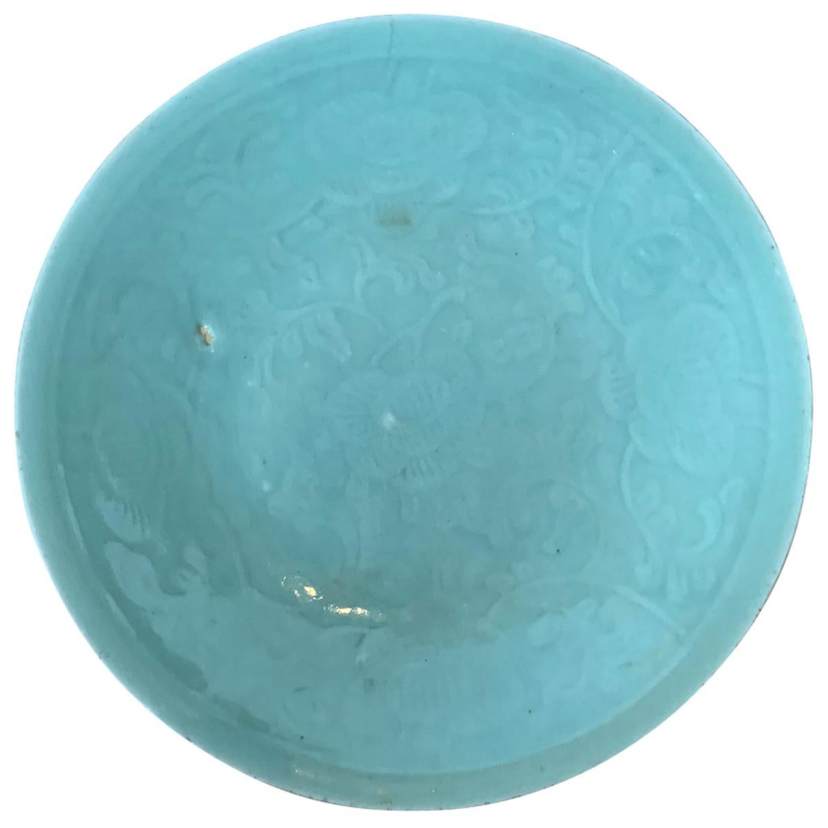 18th Century Chinese Porcelain Celadon Dish with Faint Floral Design, Unmarked For Sale