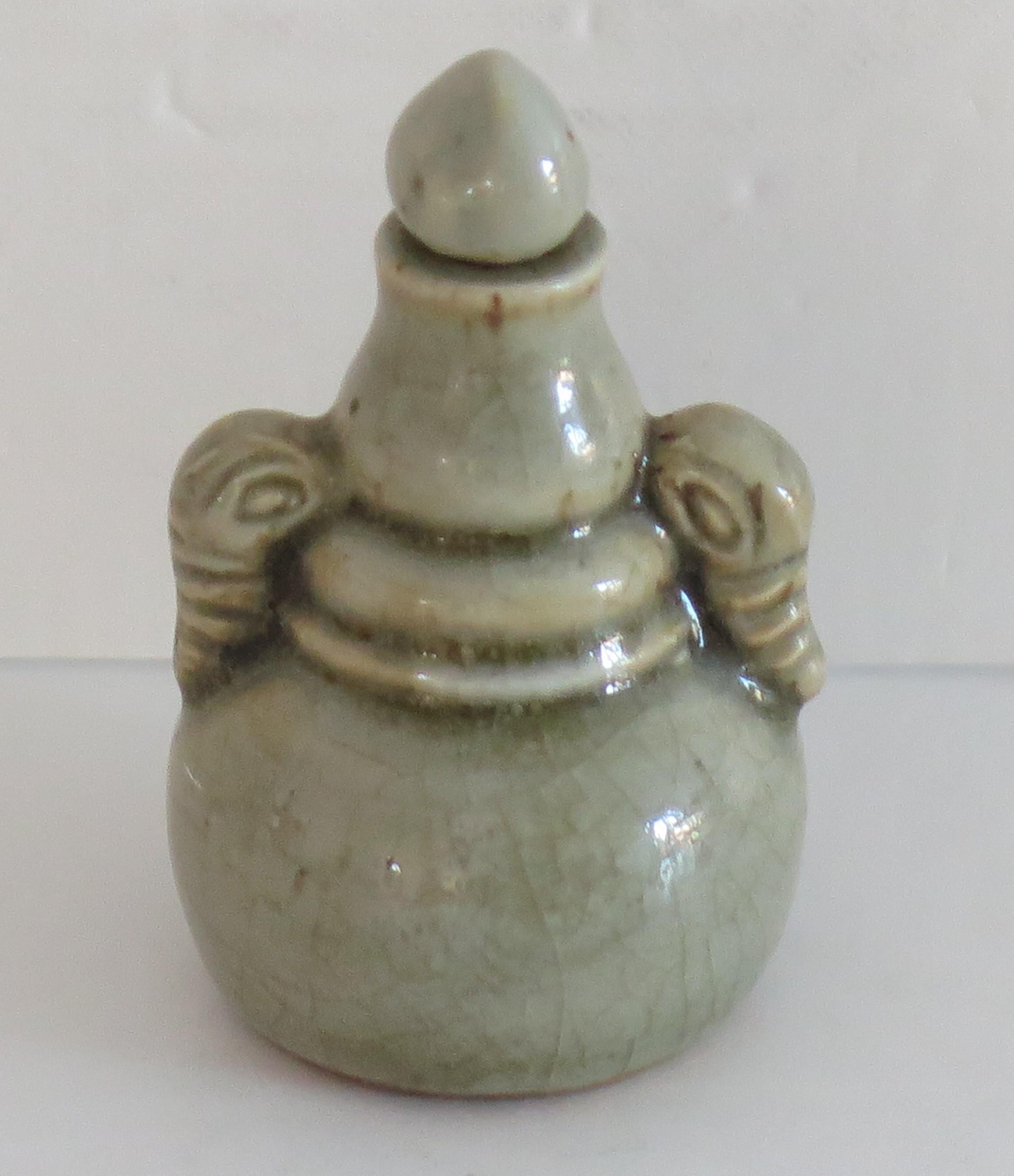 Qing 18th Century Chinese Snuff Bottle porcelain Celadon with Elephant Head Handles
