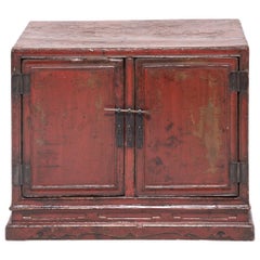 Antique Chinese Red Lacquer Book Cabinet, c. 1700