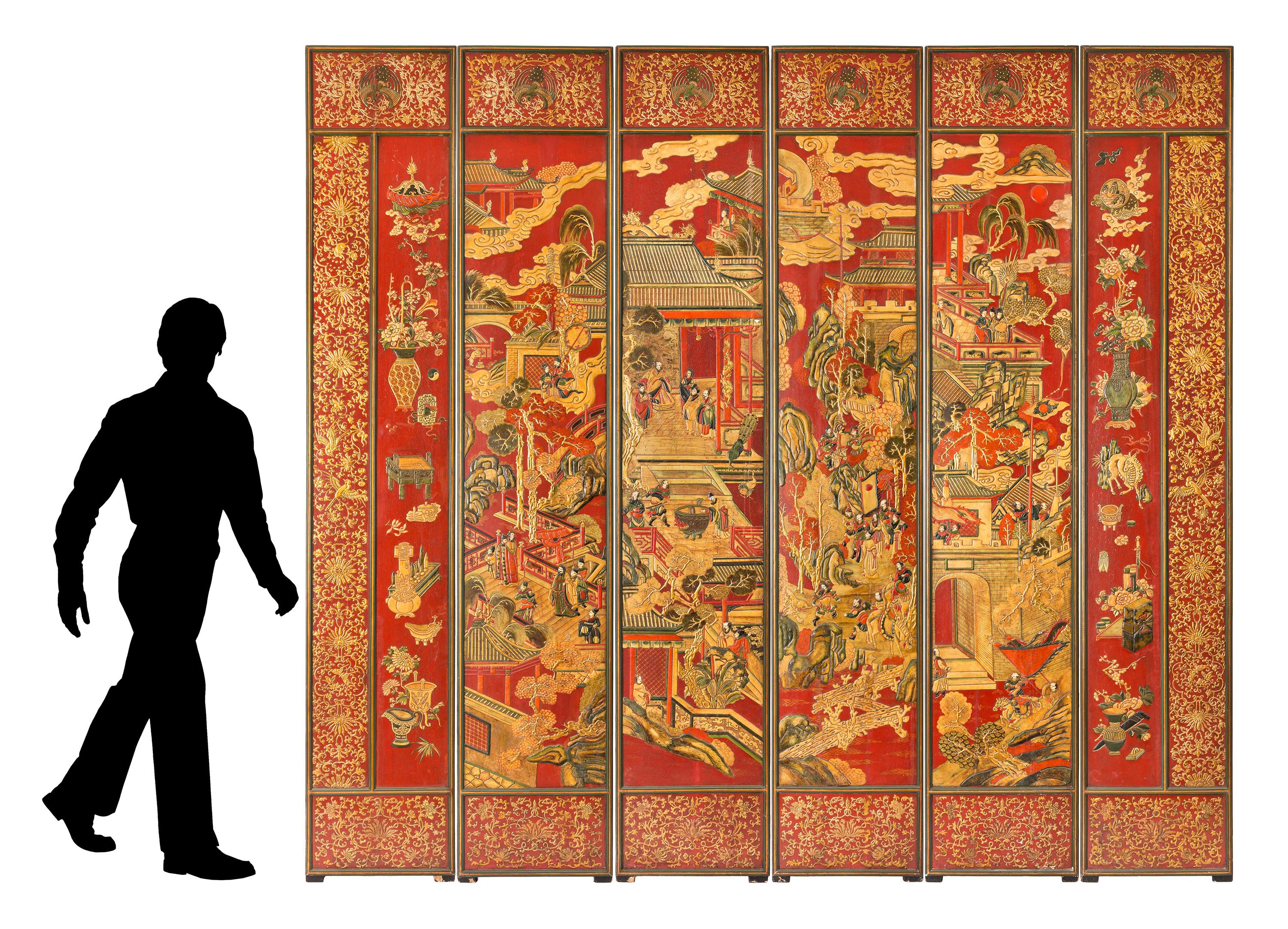 18th Century Chinese Red Lacquer Screen, 6 Panel Set For Sale at 1stDibs