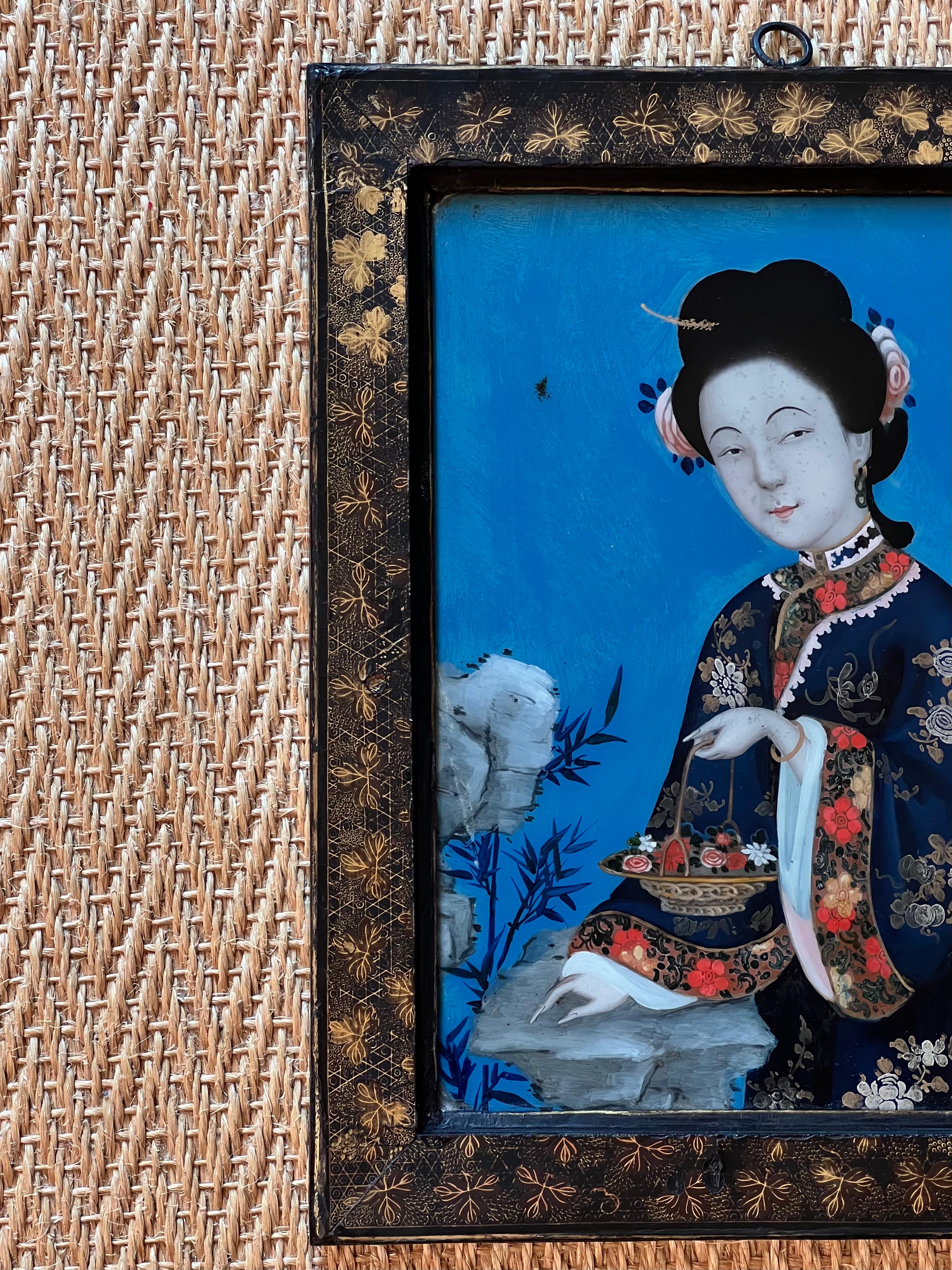 Peint à la main Portraits chinois en verre inversé du 18e siècle en vente