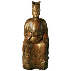 18th Century Chinese Sculpture of a Dignitary in Carved and Lacquered Hardwood