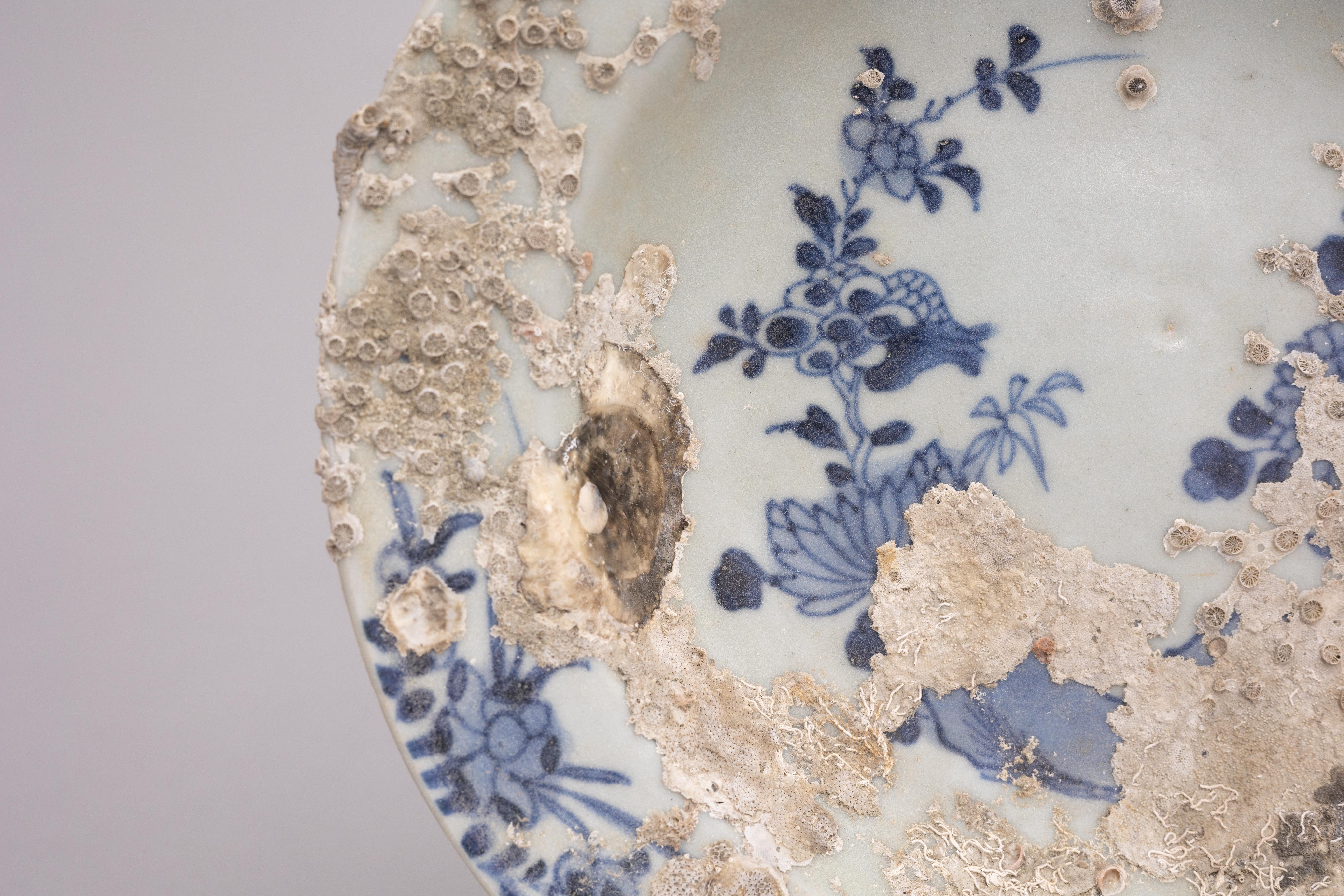18th Century Chinese Shipwreck Porcelain Dish In Distressed Condition In Fort Lauderdale, FL