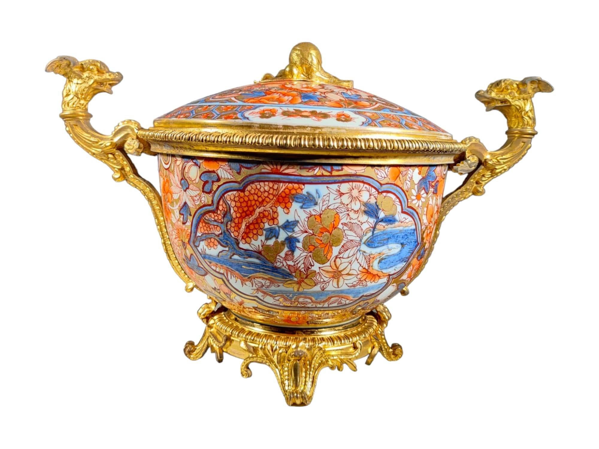 Porcelain 18th Century Chinese Soup Tureen: Imari Elegance with 19th Century French Gilt B For Sale