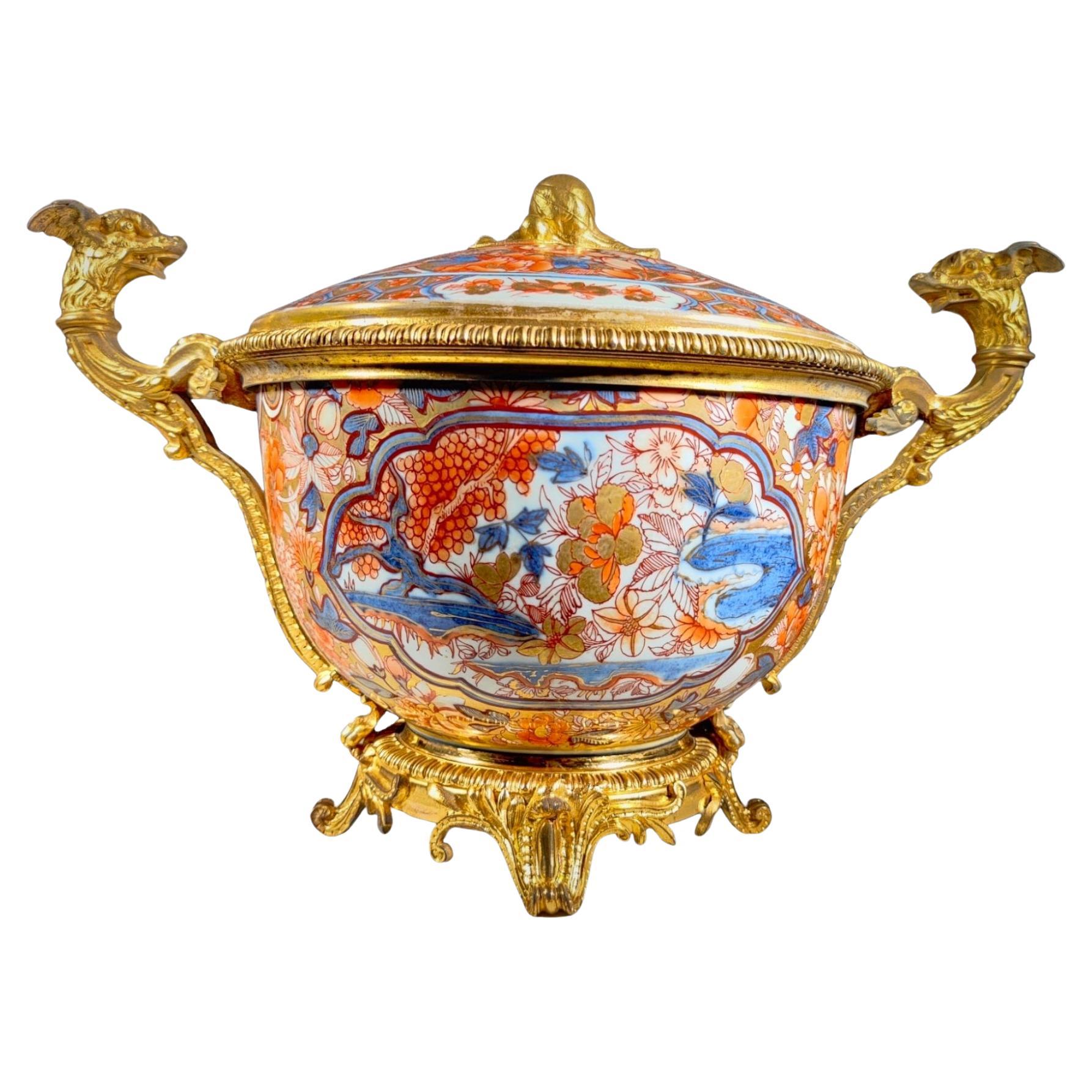 18th Century Chinese Soup Tureen: Imari Elegance with 19th Century French Gilt B For Sale