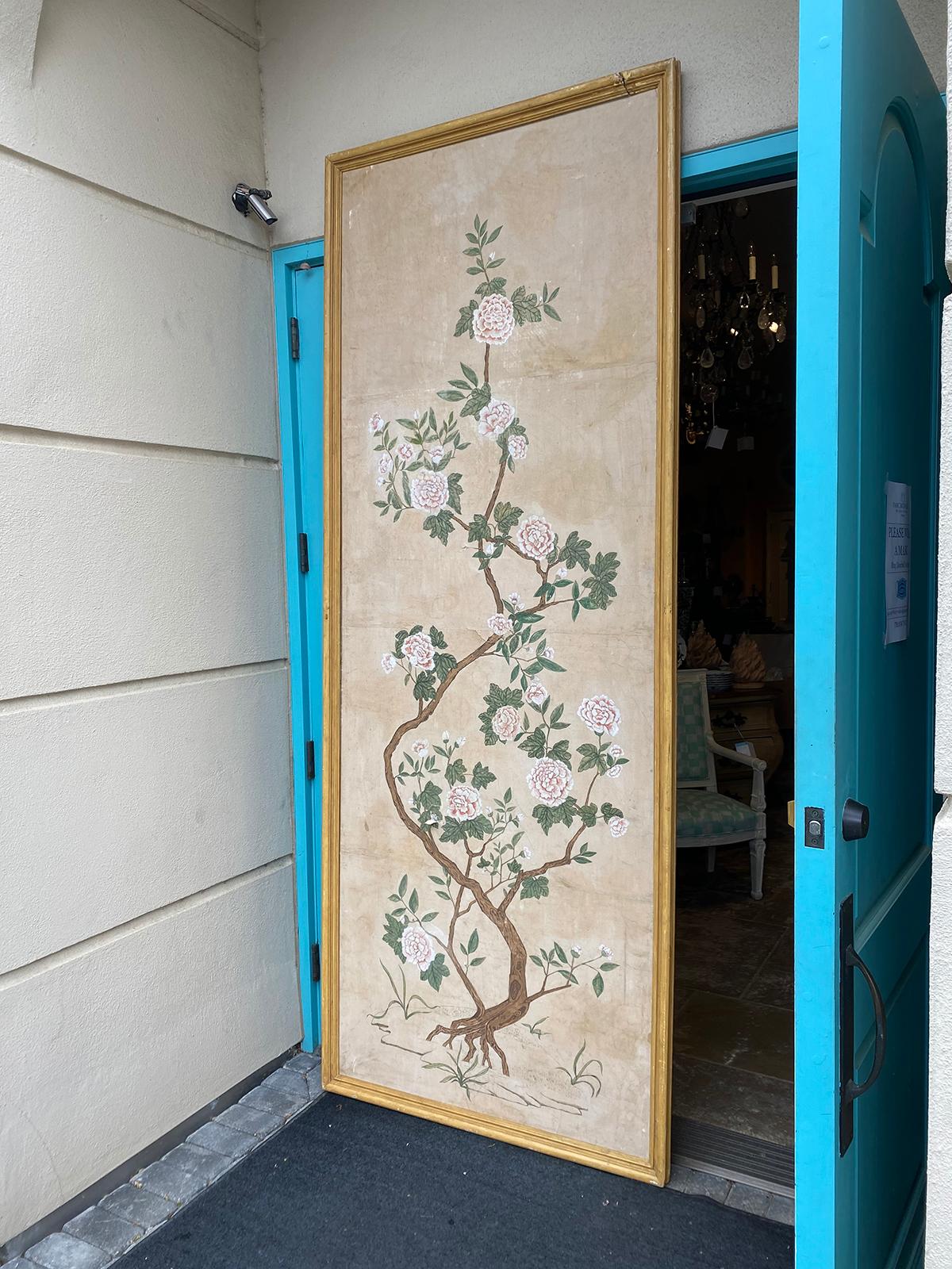 Hand-Painted 18th Century Chinese Wall Paper Panel, Old Frame