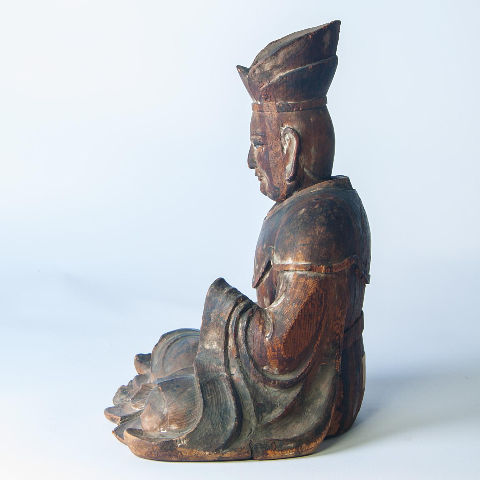 18th century Chinese wooden figure, depicted Wanli.
See old sticker on the back of the figure, see picture.

 