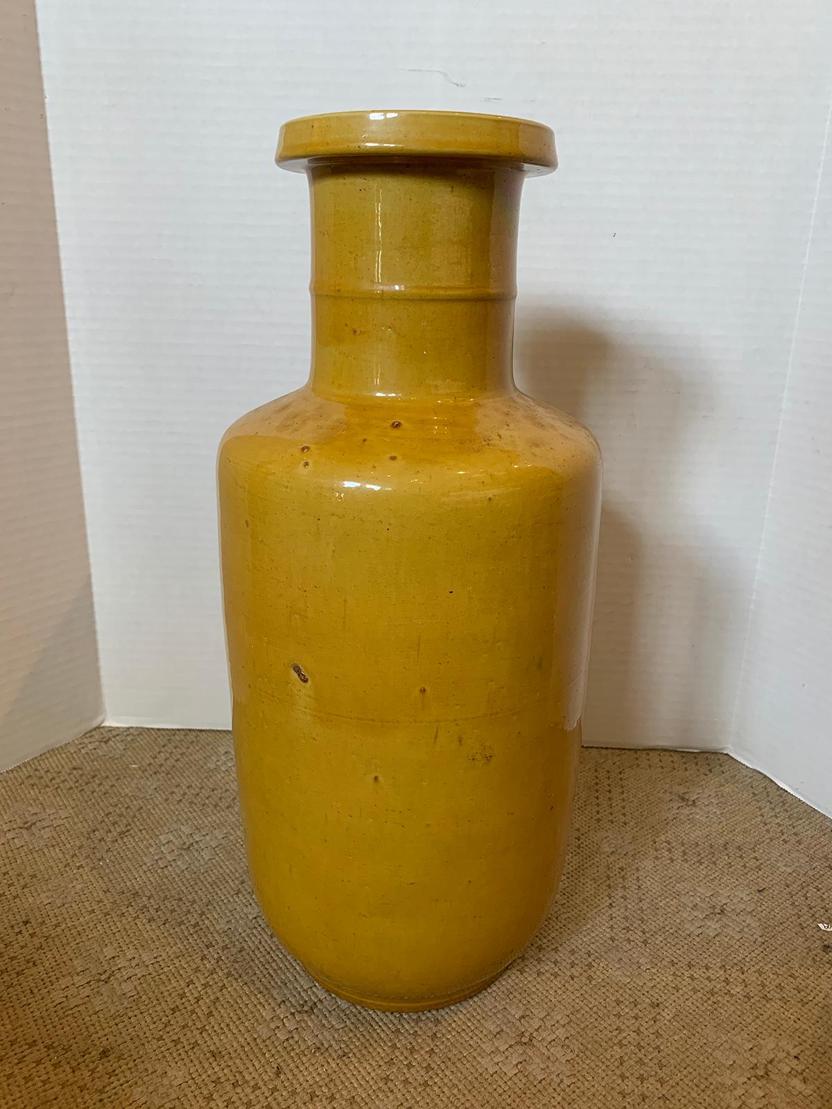 18th/19th century Chinese yellow Rouleau form pottery vase, unmarked.