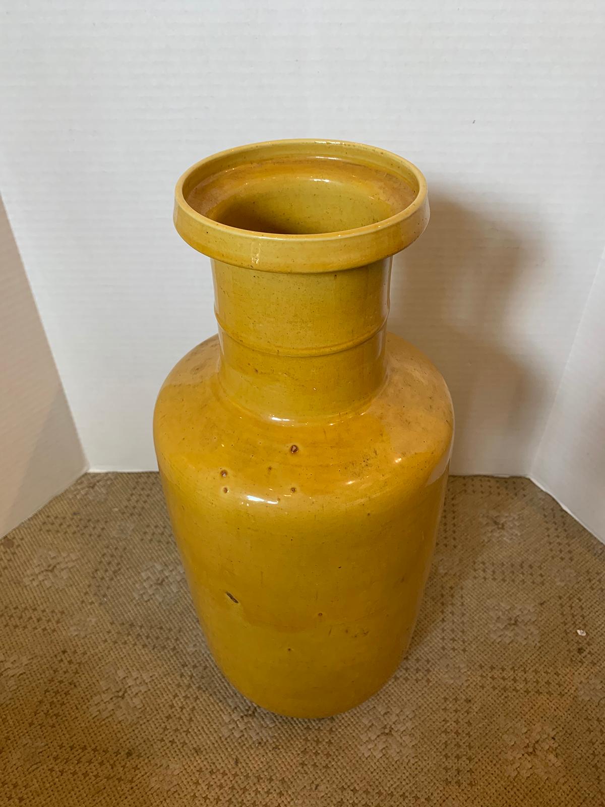 18th/19th Century Chinese Yellow Rouleau Form Pottery Vase, Unmarked In Good Condition In Atlanta, GA