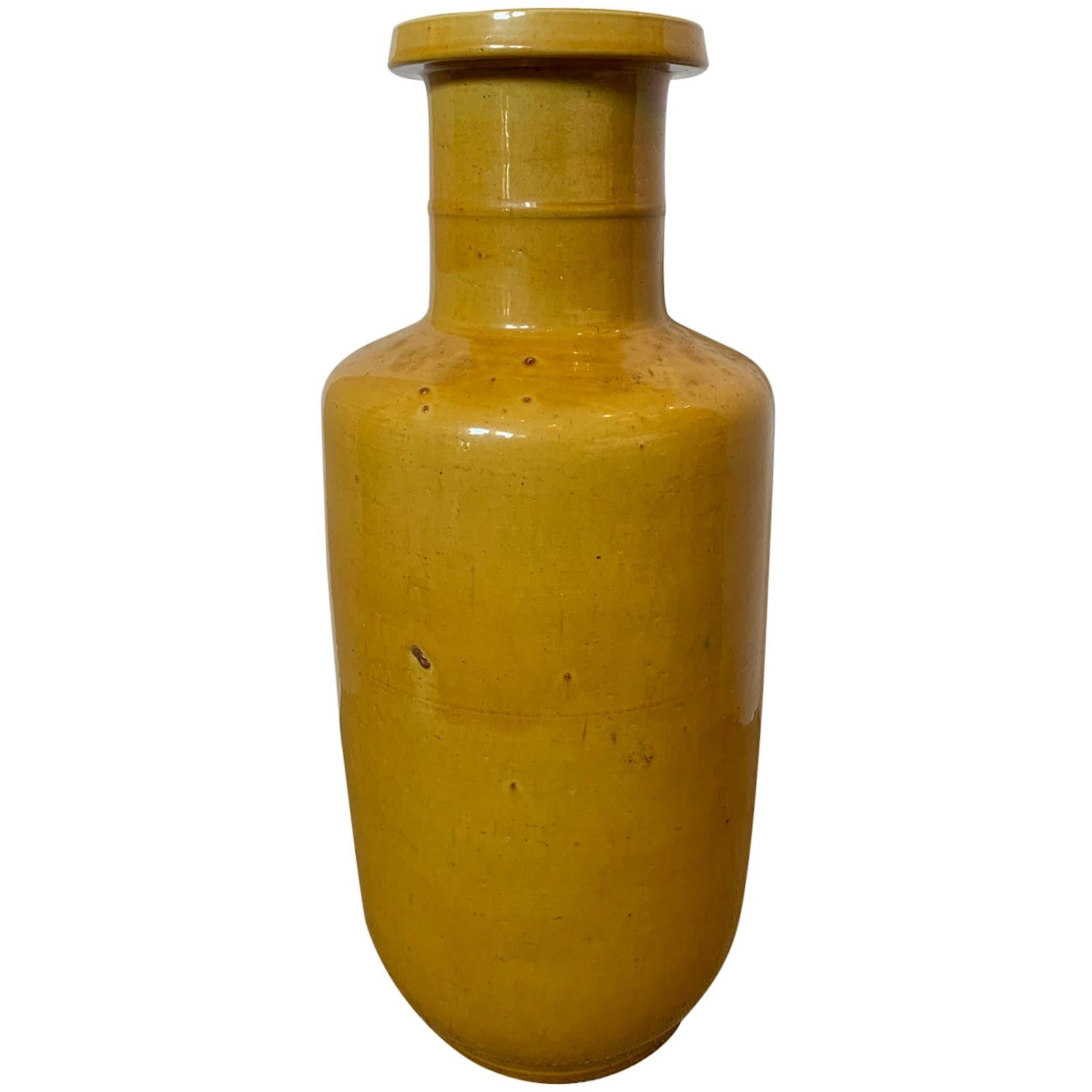 18th/19th Century Chinese Yellow Rouleau Form Pottery Vase, Unmarked