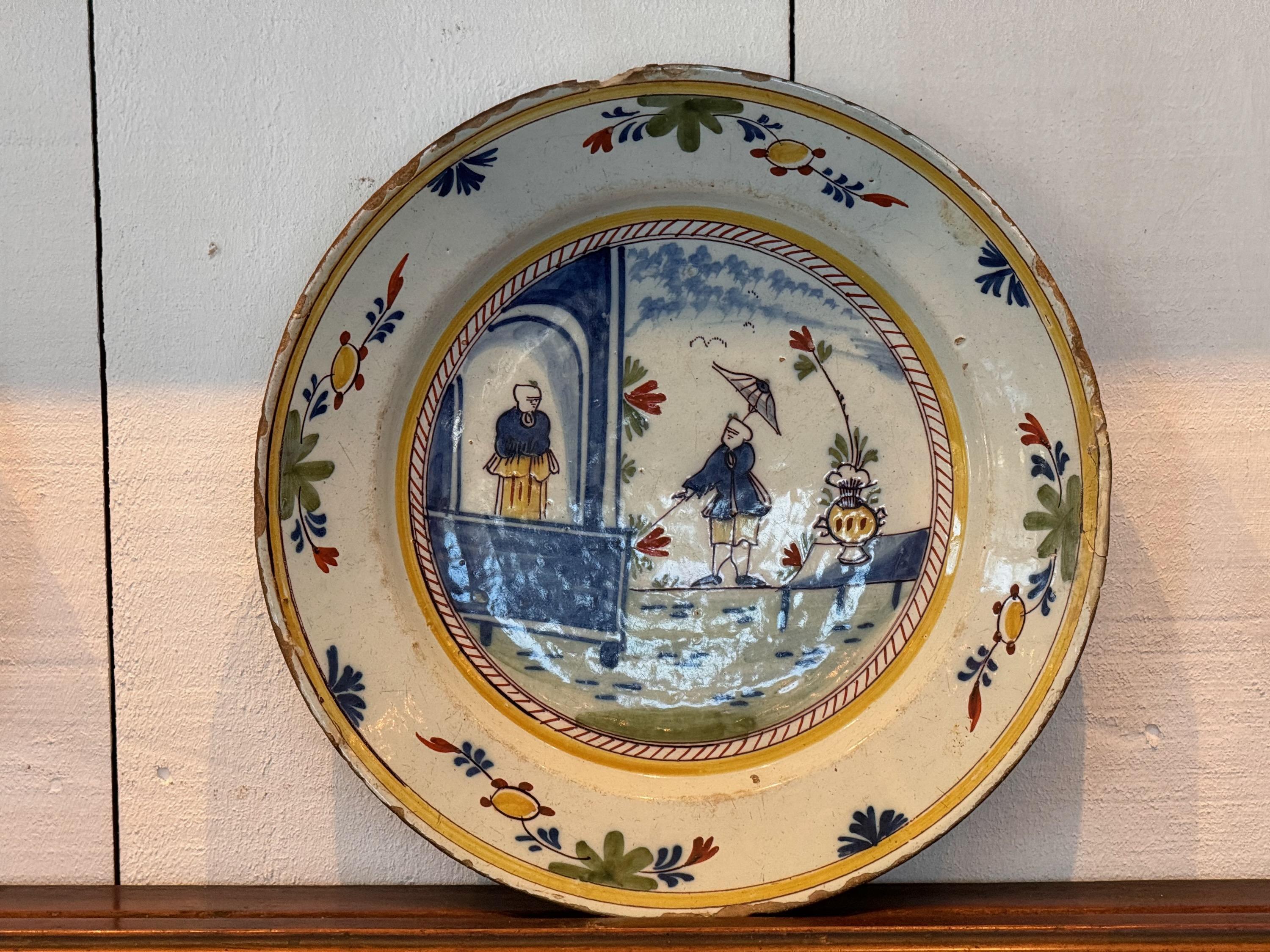 Dutch 18th Century Chinoiserie Delft Charger For Sale