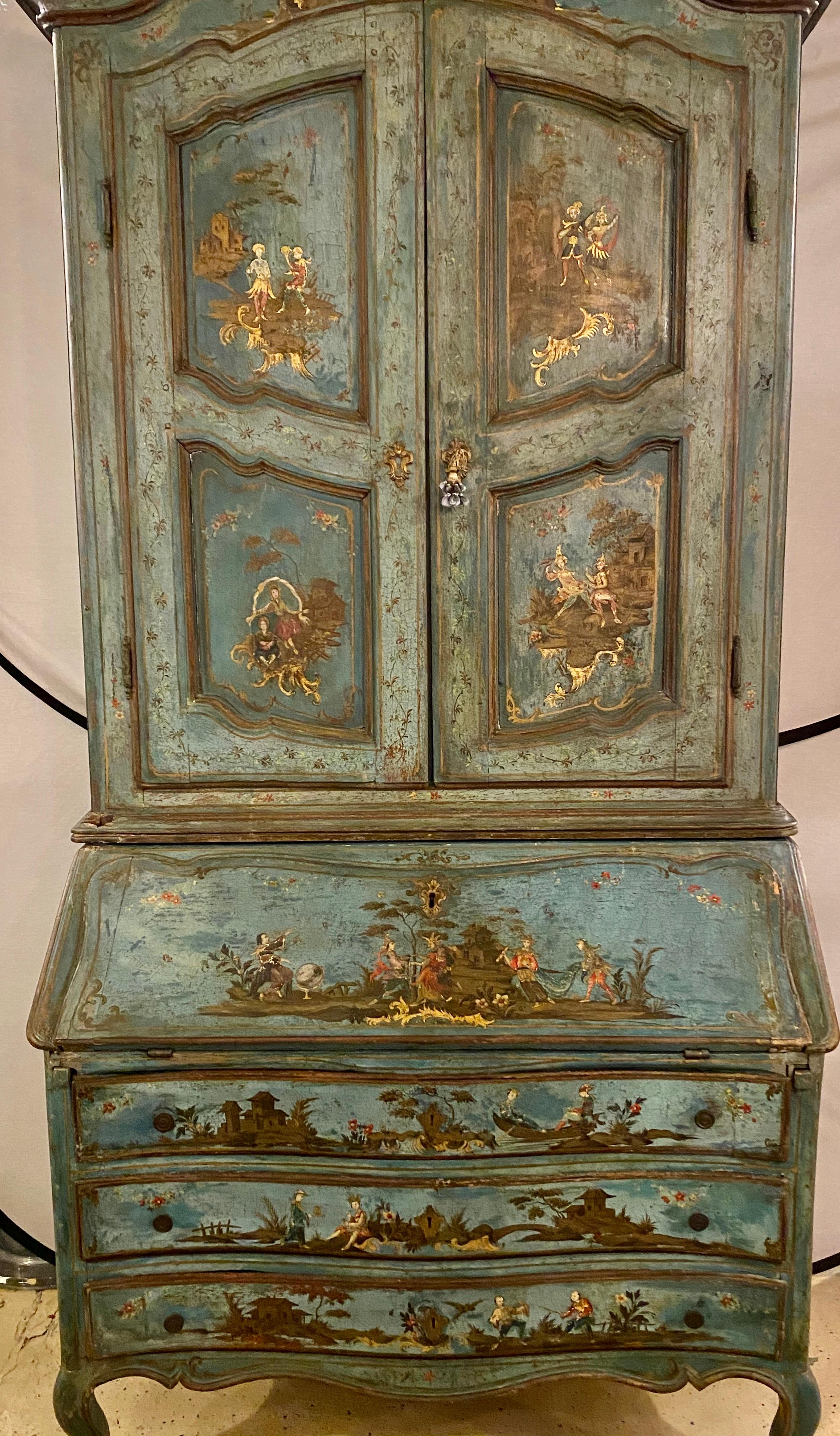 18th century chinoiserie Italian two piece secretary desk / bookcase. This spectacular one of a kind blu paint decorated 18th century chinoiserie Italian two-piece secretary desk is in exceptional condition considering its age. The three draw flip