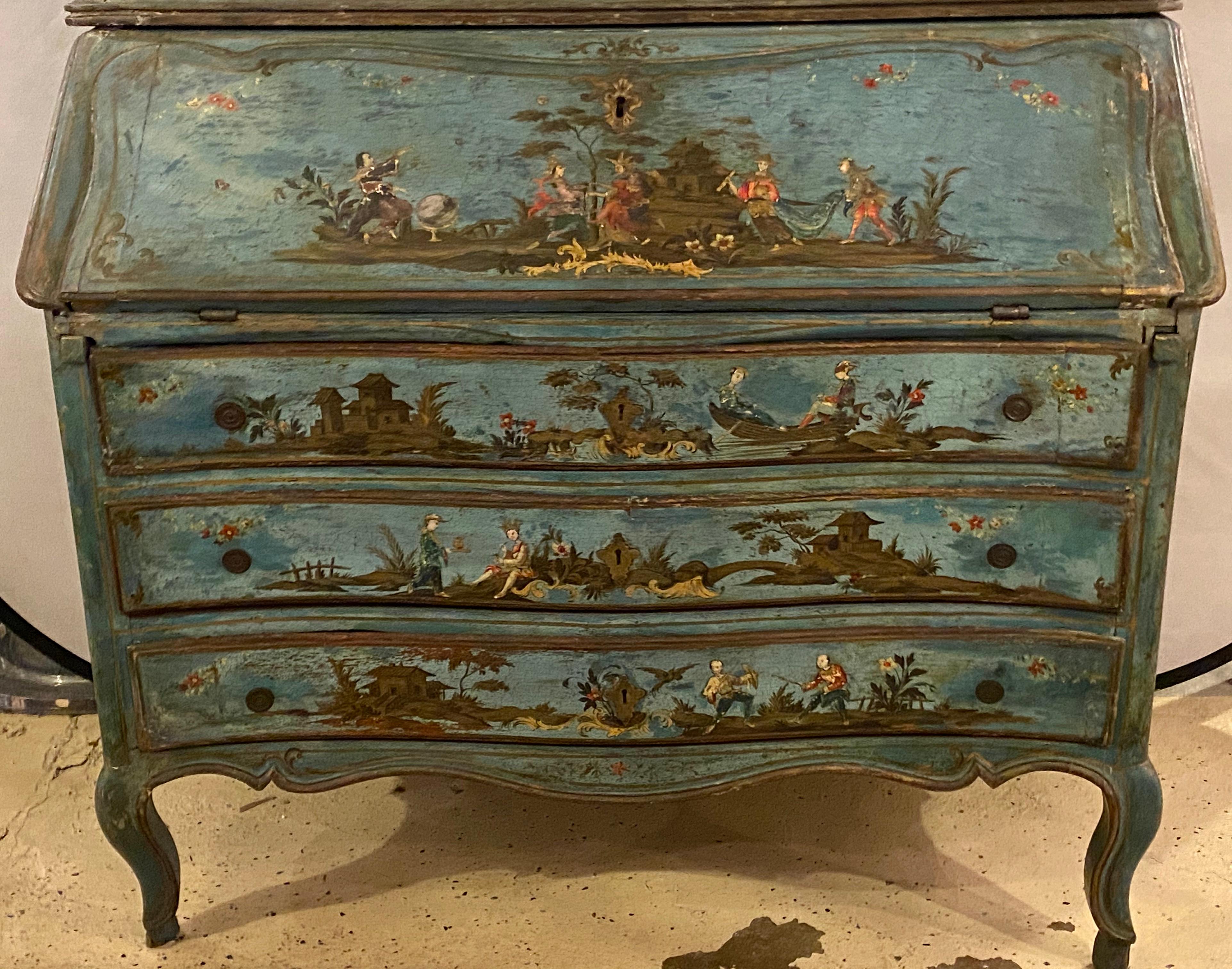 Wood 18th Century Chinoiserie Italian Two-Piece Secretary Desk Bookcase