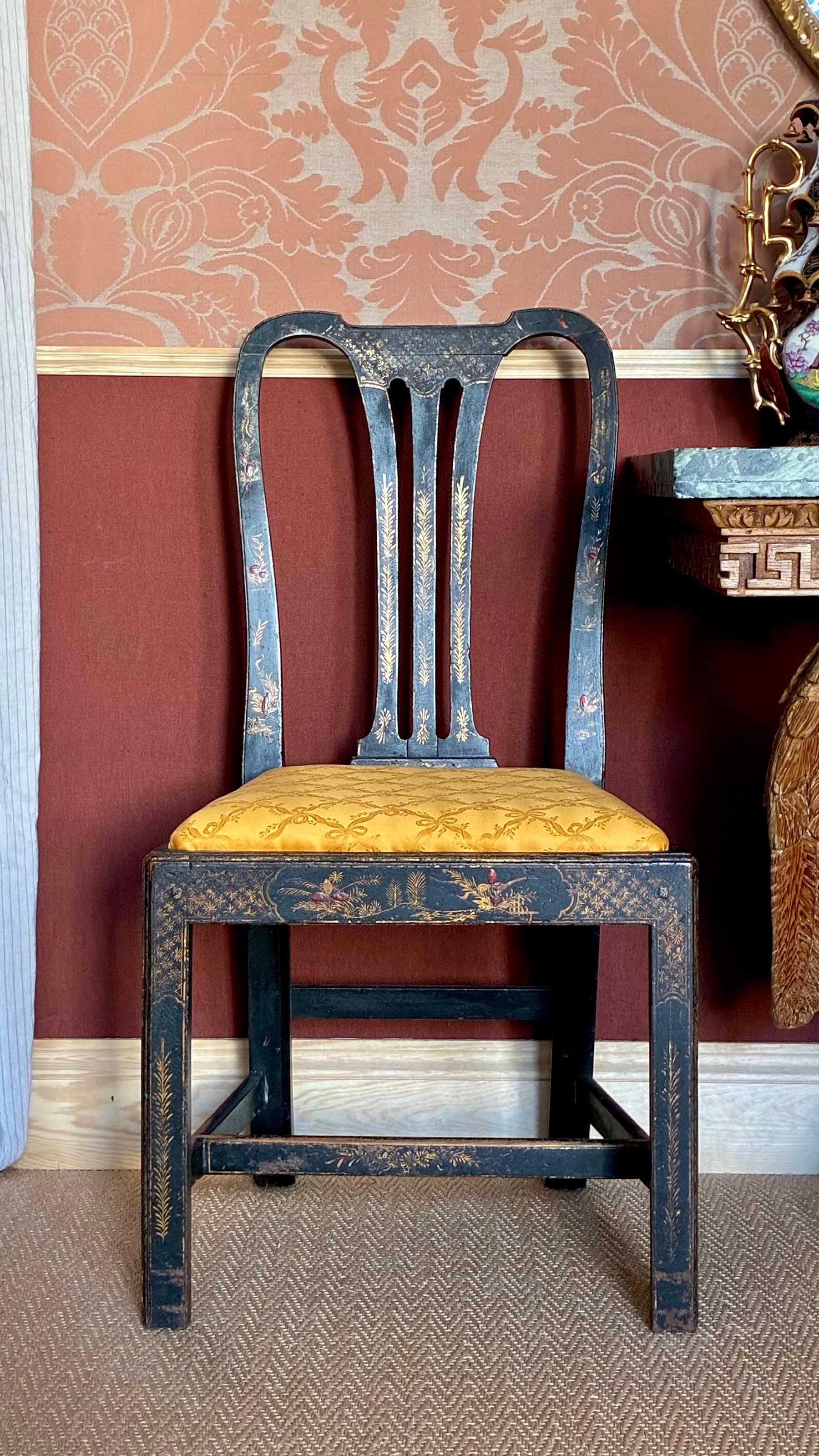 A pair of very decorative mid-18th century black-japanned and gilt-heightened Chinoiserie chairs. Three pairs are currently available. England, circa 1740–70.

Why we like them

Decorative yet understated, this design combines a smart Georgian