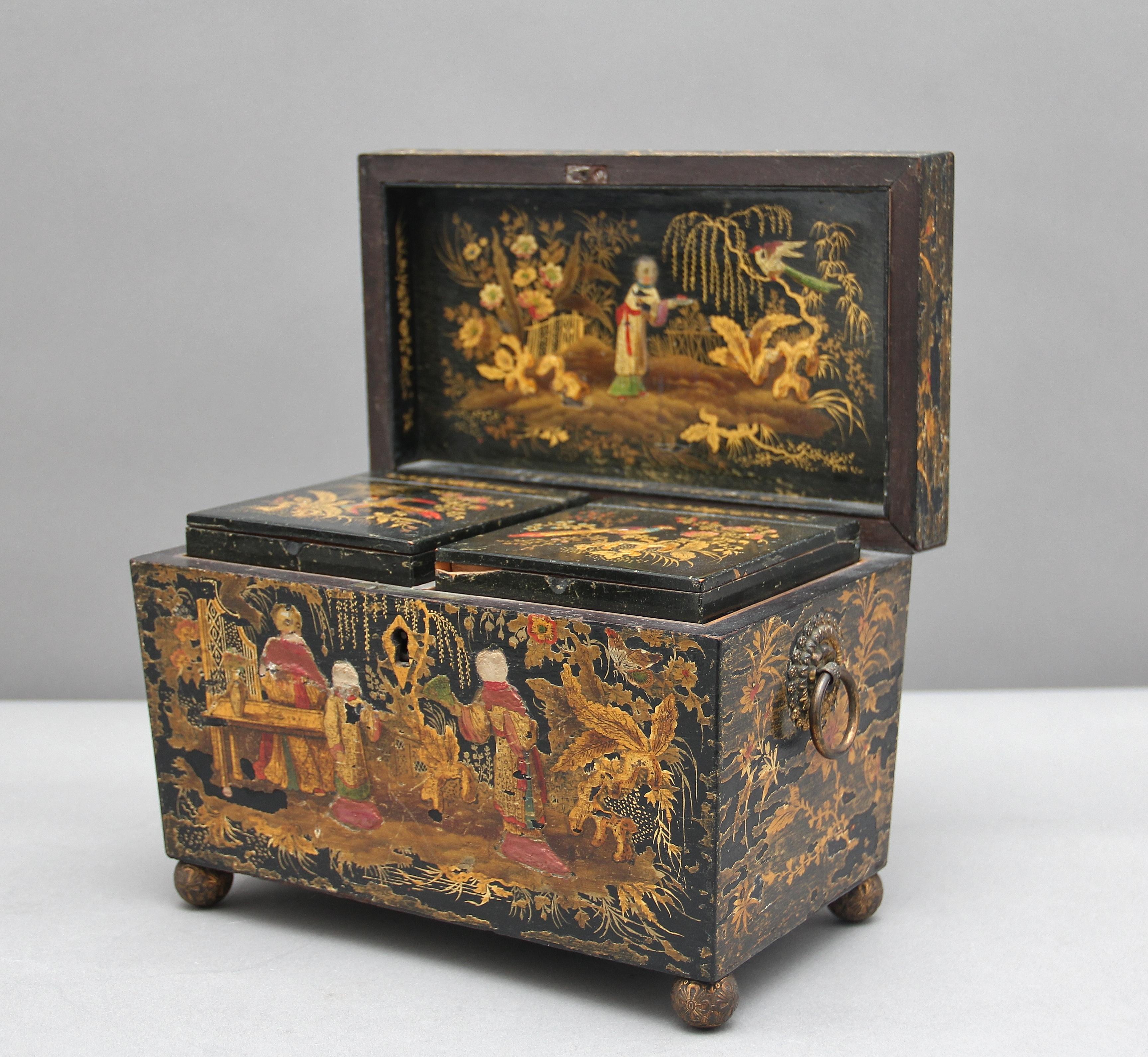 A fabulous 18th century chinoiserie tea caddy superbly decorated with figures, foliage, flowers and birds, the interior with two lift out tea containers, the interior decoration is very crisp and bright, sadly the top has got some wear and one ring