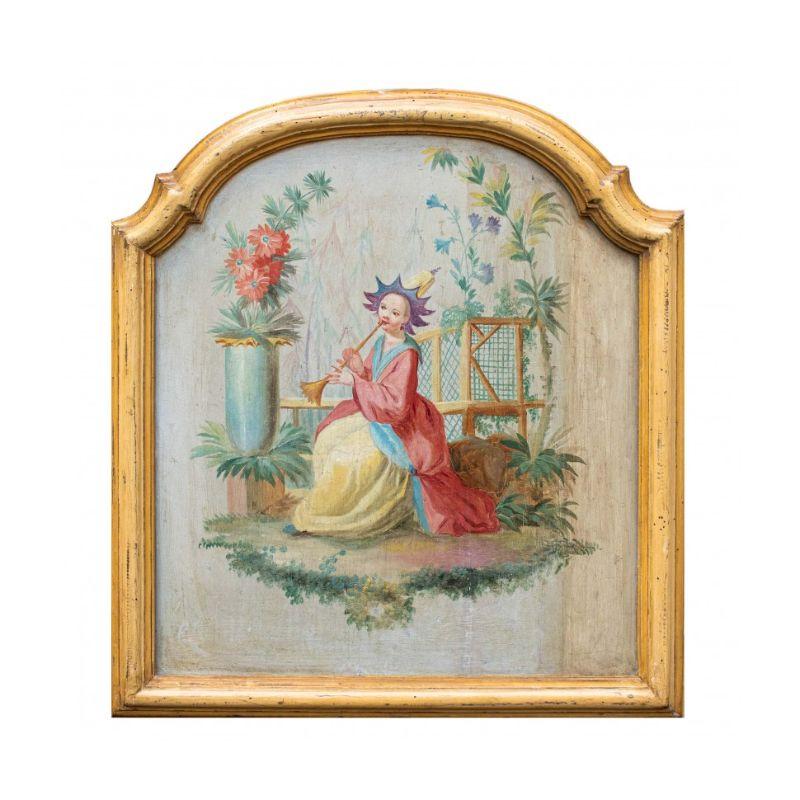 XVIII century 

Chinoiserie

(2) Oil on panel, 55 x 49.5 cm

The rare pair of panels examined, decorated with scenes called chinoiserie, is configured as a decoration prorection of a carriage. The aforementioned panels were in fact mounted as