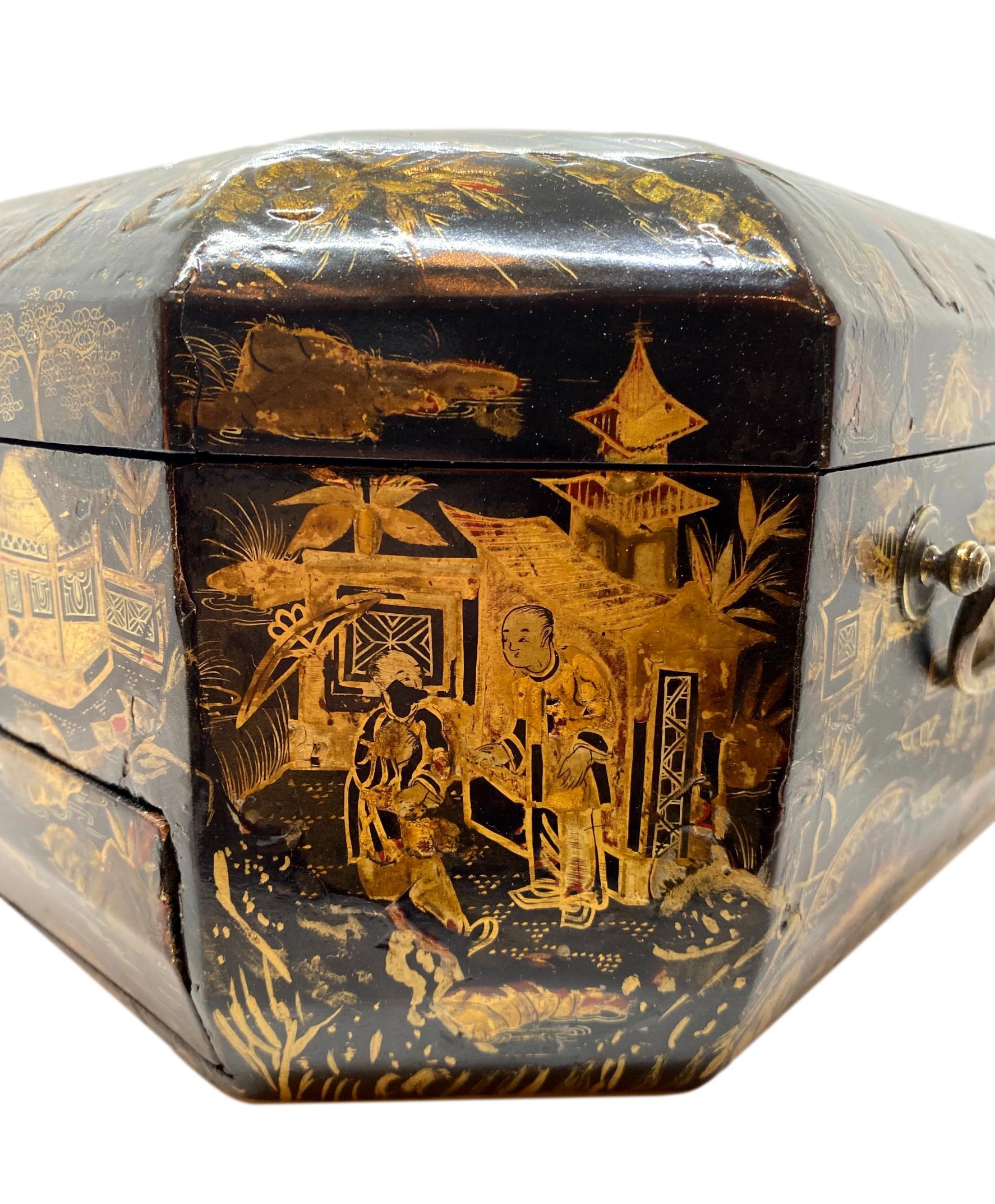 18th Century Chinoiserie Work Box with Fitted Interior, Black, Gold, Red-Lacquer 3