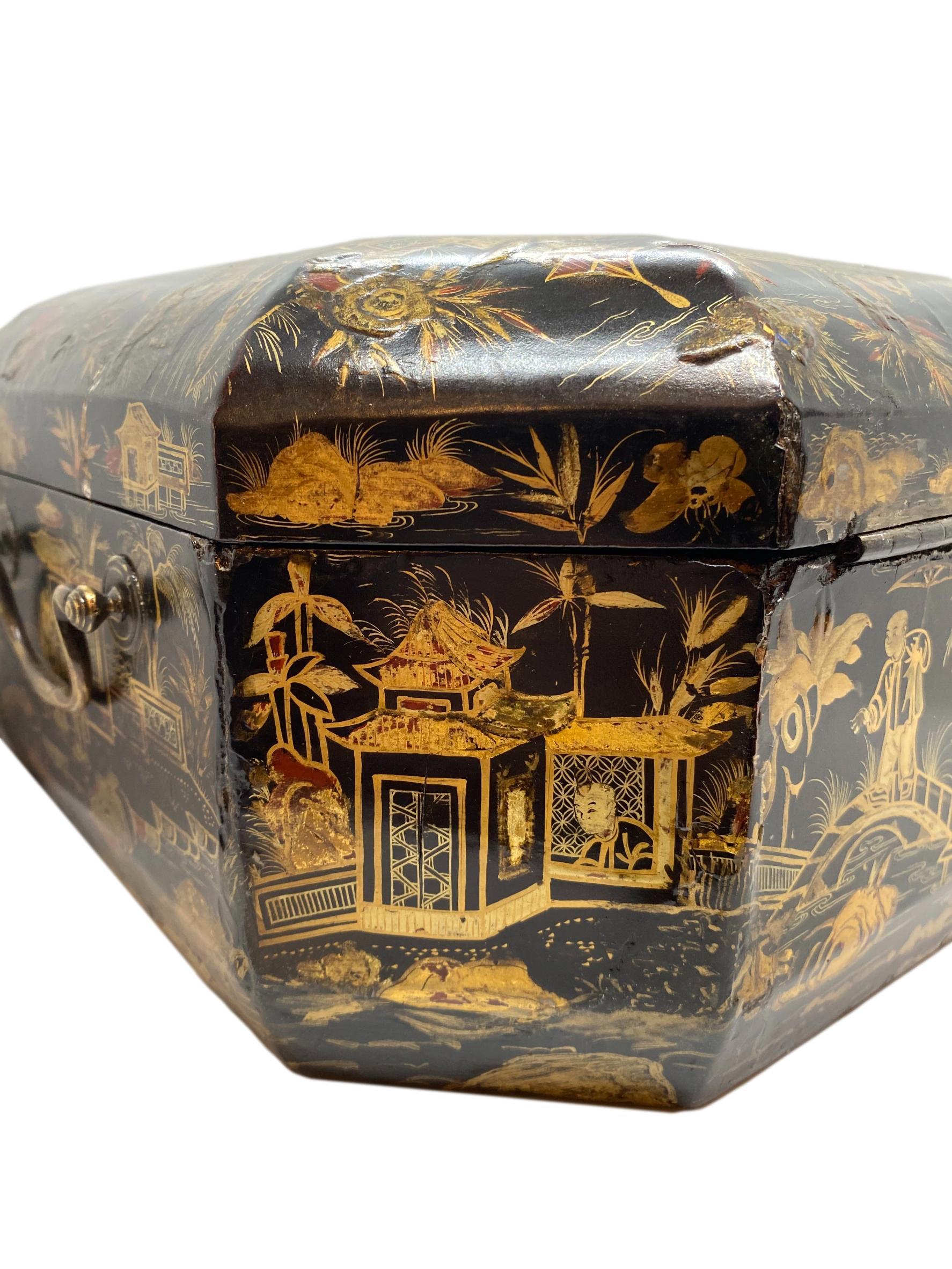 18th Century Chinoiserie Work Box with Fitted Interior, Black, Gold, Red-Lacquer 4
